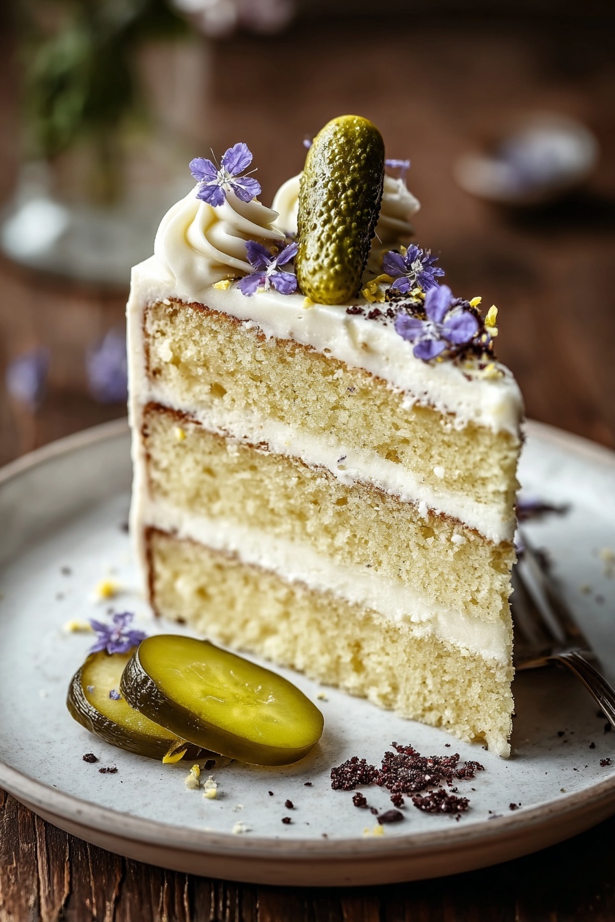 The image shows a three-layer cake slice on a white plate with a fork beside it. Each layer is light yellow sponge cake with white creamy frosting between and around them. The top of the cake slice is decorated with small green pickle slices and tiny green crumbs scattered over the white frosting. In the background, the rest of the cake on a wooden cake stand has the same white frosting with green pickle slices placed on top in a circle. The setting is on a white marbled surface with a beige cloth and a white cup nearby. Photo taken with an iphone --ar 2:3 --v 7