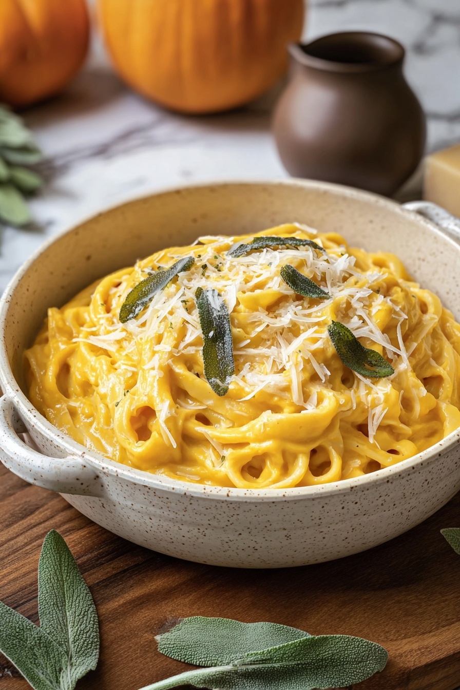 The image shows a bowl of creamy pumpkin pasta with three main layers. The bottom layer is a pile of white fettuccine noodles covered in smooth, orange pumpkin sauce. On top, there are thin, pale yellow shavings of Parmesan cheese spread evenly. The final layer includes green sage leaves placed on the cheese, adding a fresh touch. The dish is served in a light speckled bowl with handles, set on a wooden surface with a white marbled texture background. Near the bowl, a few sage leaves lie on the surface, and an orange pumpkin pumpkin and a brown jug are visible in the background. Photo taken with an iphone --ar 2:3 --v 7
