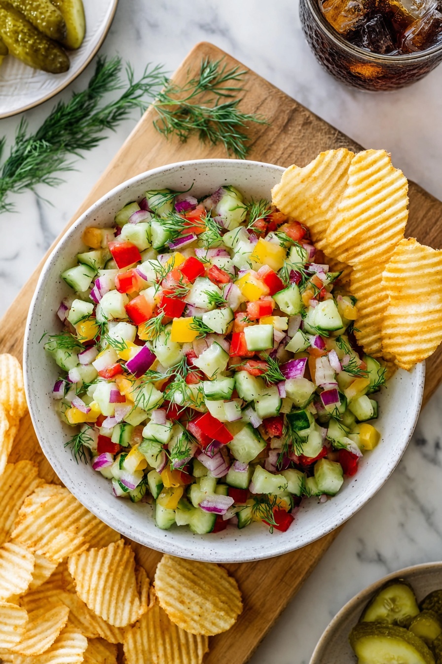A white bowl filled with a colorful salad made of small diced green cucumbers, red bell peppers, yellow pickles, and purple onions, mixed with tiny sprigs of fresh green dill. The salad fills the bowl nearly to the top, with two ripple-textured yellow potato chips standing upright on the right side of the bowl. The bowl sits on a light wooden board with extra potato chips scattered around it, all on a white marbled surface. In the top right, there is a glass of dark soda with ice cubes, and parts of a plate with green pickles and dill are visible at the bottom. photo taken with an iphone --ar 2:3 --v 7