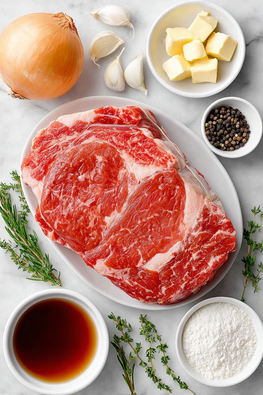 Flat lay of a large raw prime rib roast tied with butcher’s twine, a small mound of softened butter on a simple white ceramic plate, six peeled garlic cloves, a small white bowl of coarse kosher salt, a few sprigs of fresh thyme, a few sprigs of fresh rosemary, a small white bowl of black peppercorns, one medium yellow onion quartered into four pieces, a small white bowl filled with deep red wine, a small white bowl of rich brown beef broth, and a small white bowl with a pale off-white powder of cornstarch placed on a clean white marble surface, soft natural light, photo taken with an iPhone, professional food photography style, fresh ingredients, white ceramic bowls, no bottles, no duplicates, no utensils, no packaging --ar 2:3 --v 7 --p m7354615311229779997