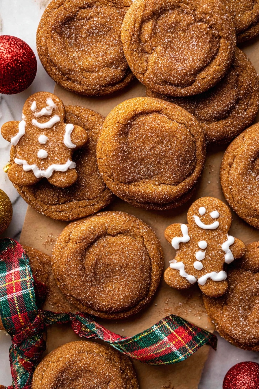 The image shows a group of round, brown cookies with a rough sugar-coated texture spread out on a white marbled surface with a brown paper underneath. The cookies have a slightly cracked top and a dusting of sugar that gives a sparkling effect. Among these round cookies are three small gingerbread man cookies decorated with white icing for eyes, buttons, smiles, and zigzag patterns on the arms and legs. There is a red and green plaid ribbon winding through the cookies, adding color and a festive look. Two small round ornaments, one glittery red and one golden, are placed near the cookies, enhancing the holiday feeling. Photo taken with an iphone --ar 2:3 --v 7