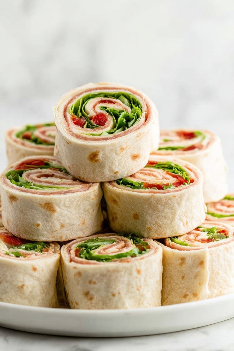 The image shows several pinwheel sandwiches arranged closely together on a white plate, set on a white marbled surface. Each pinwheel is made of four visible layers spiraled tightly: the outermost light beige tortilla wrap, then a thin layer of creamy spread with small red bits, followed by thin slices of pink deli meat, and green leafy lettuce inside the center, creating a colorful spiral effect. The textures contrast from the soft tortilla to the fresh, crisp lettuce, with the creamy spread adding smoothness. The photo taken with an iphone --ar 2:3 --v 7