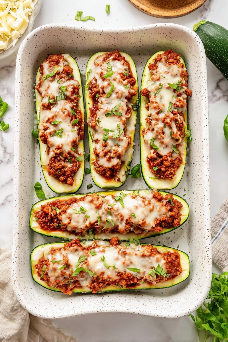 The image shows six zucchini halves arranged in a white speckled rectangular baking dish on a white marbled surface. Each zucchini half is hollowed out and filled with a reddish ground meat sauce topped with melted white cheese that looks soft and slightly browned in spots. Thin strips of fresh green basil are scattered on top, adding a fresh pop of color. The zucchini skin is dark green and shiny, contrasting with the light green inside. The layers from bottom to top are the zucchini base, then the chunky meat sauce, and finally the melted cheese with basil on top. photo taken with an iphone --ar 2:3 --v 7