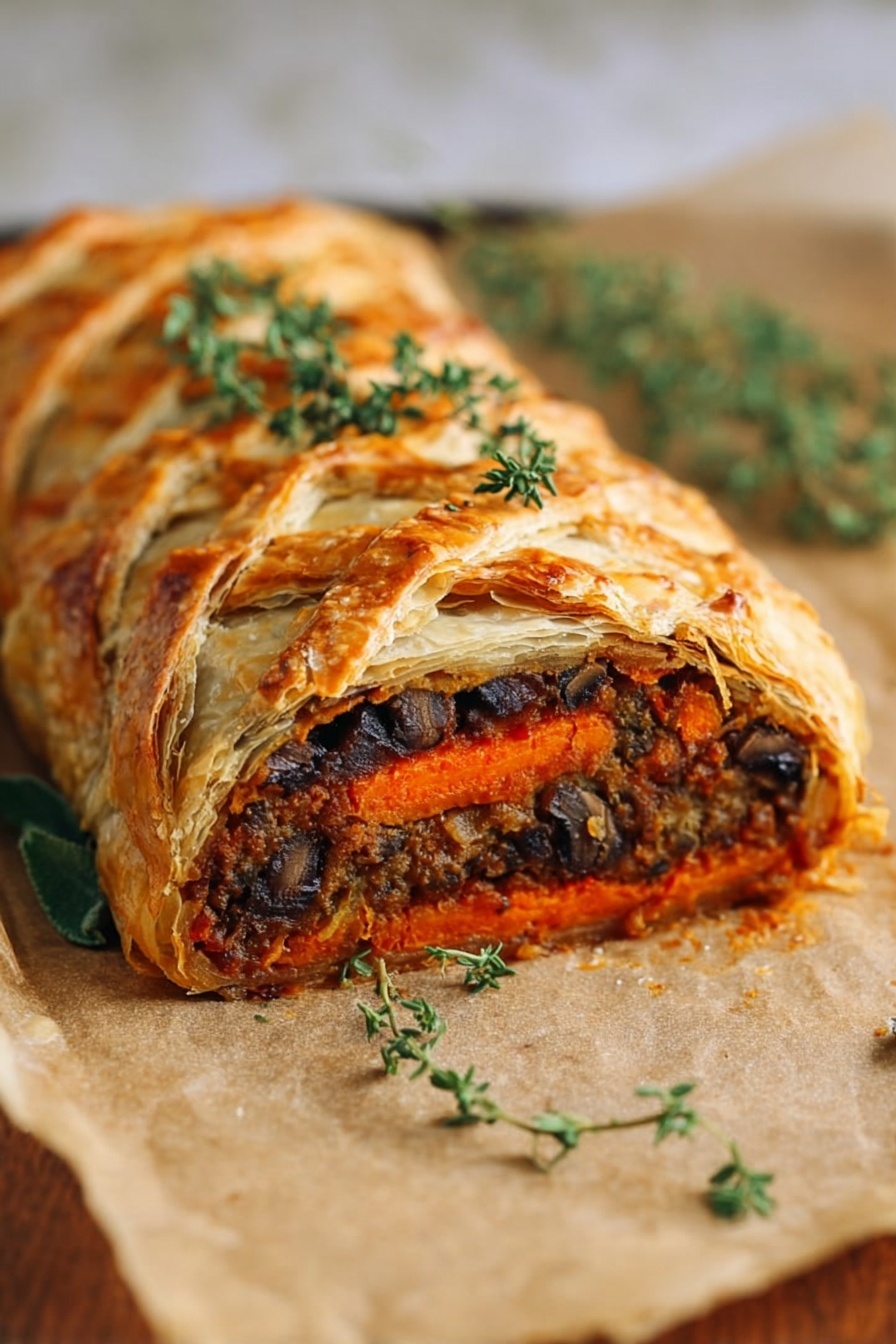 A golden brown pastry with a crisscross pattern on top reveals layers of bright orange and dark purple vegetables peeking through the dough. The pastry has a rough, flaky texture with some browned edges and sits on light tan parchment paper inside a white bowl. Fresh green herbs lie next to the pastry, adding a pop of color. The whole scene is set on a white marbled surface. photo taken with an iphone --ar 2:3 --v 7