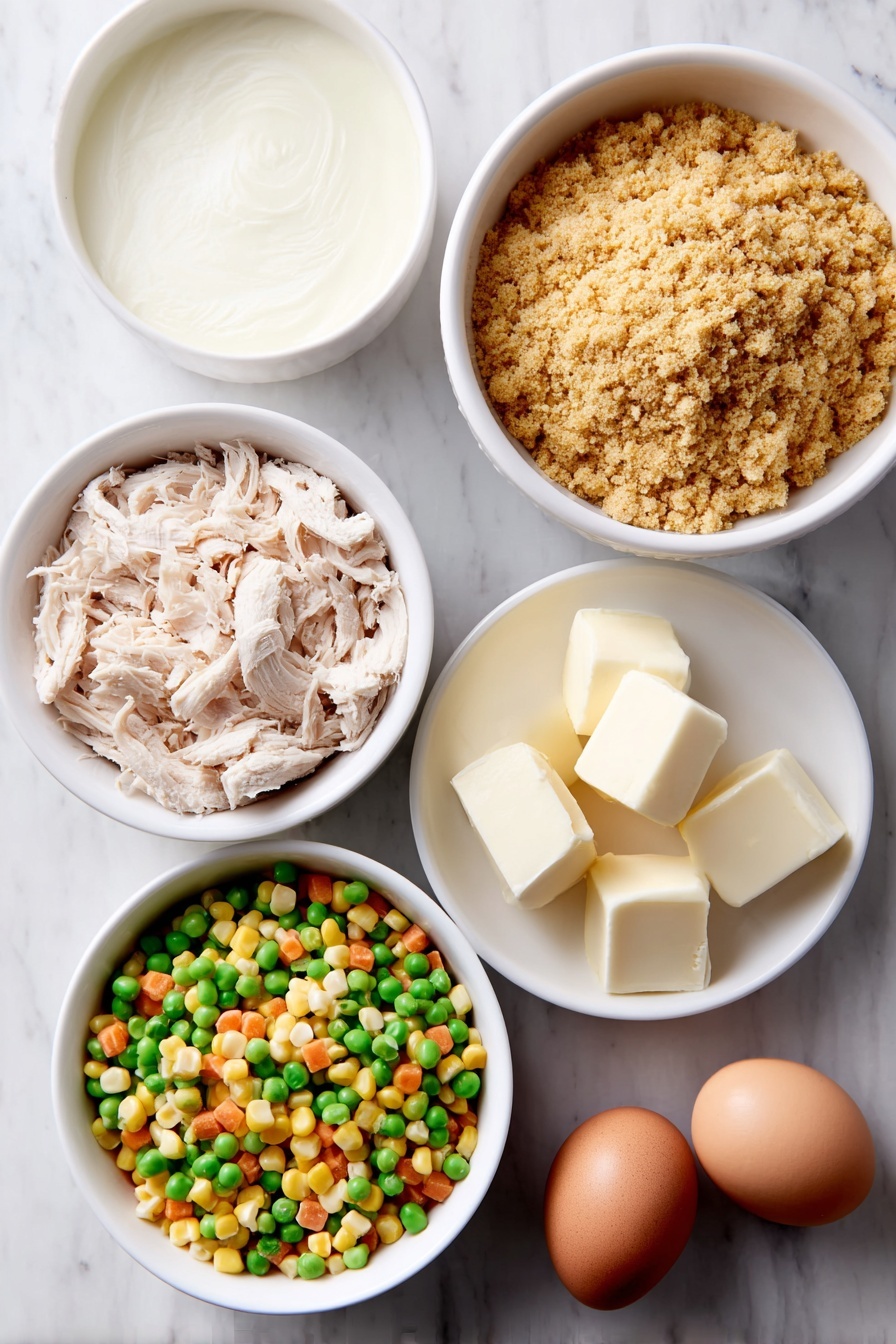 Flat lay of a small pile of golden stove-top stuffing mix, a small mound of shredded cooked chicken breast, a handful of colorful frozen mixed vegetables (carrots, peas, corn), two simple white ceramic bowls—one with creamy off-white sour cream and one with smooth, pale chicken broth, a small white ceramic bowl holding several cubes of unsalted butter, two whole brown eggs with clean shells placed side by side, all arranged symmetrically on a clean white marble surface, soft natural light, photo taken with an iPhone, professional food photography style, fresh ingredients, white ceramic bowls, no bottles, no duplicates, no utensils, no packaging --ar 2:3 --v 7 --p m7354615311229779997