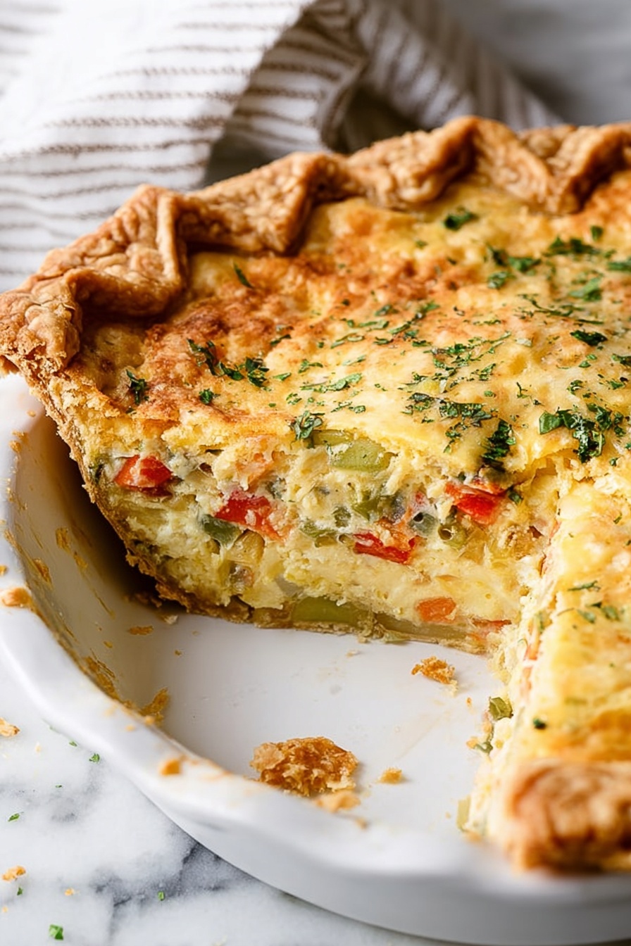 A slice of savory pie sits in a white pie dish with a thick, golden-brown crust that is flaky with crimped edges. The inside shows two main layers: at the bottom, a colorful filling with chunks of red and green vegetables, and above it, a fluffy, creamy yellow layer with melted cheese on top sprinkled with finely chopped green herbs. The pie surface looks slightly browned, showing a firm but soft texture. The dish is placed on a white marbled surface with a striped cloth nearby, and some crumbs scattered around. Photo taken with an iphone --ar 2:3 --v 7