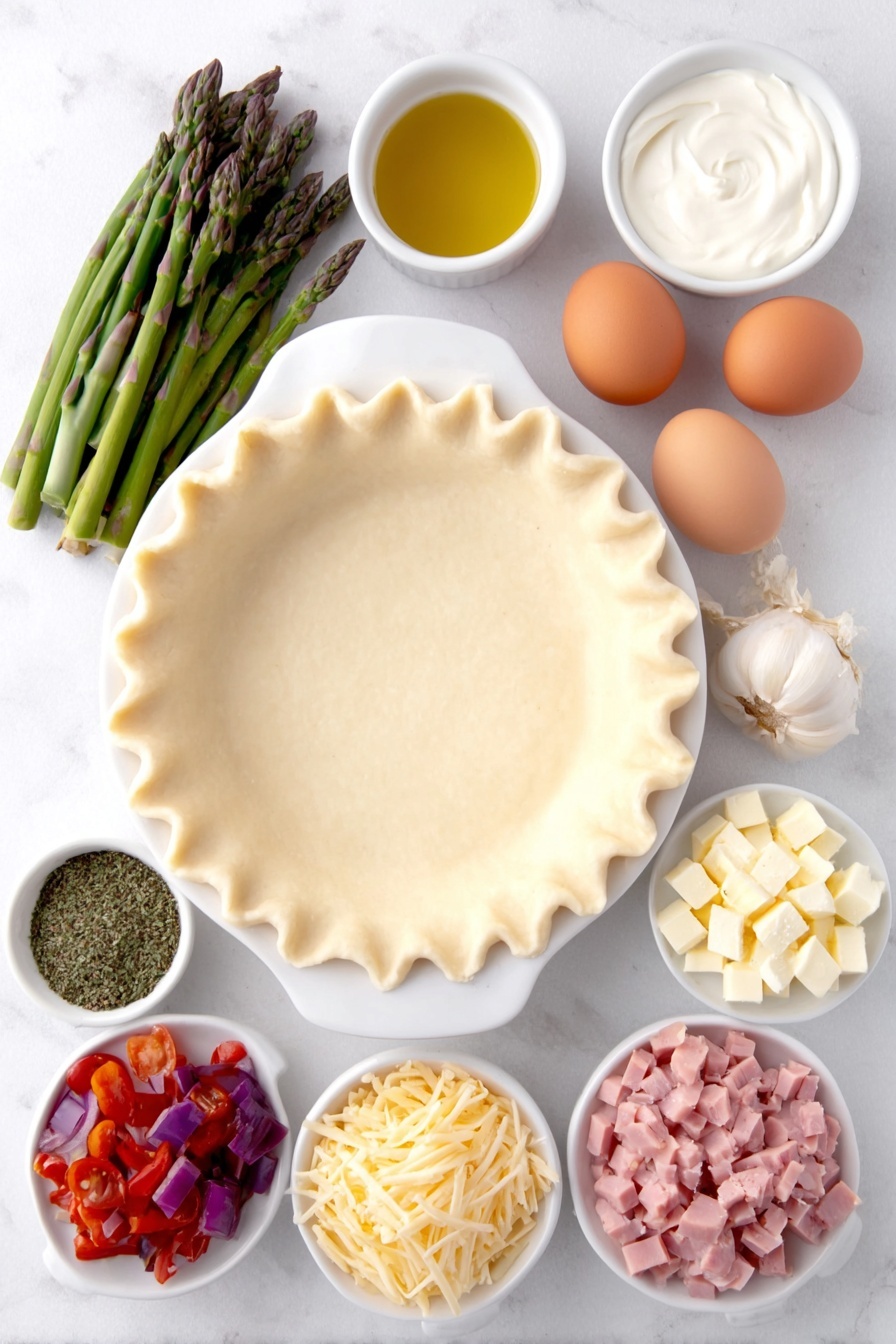 Flat lay of a smooth, unbaked homemade pie crust fluted at the edges in a simple white ceramic pie dish, four large whole brown eggs with clean shells arranged neatly, a small white bowl filled with heavy cream, a small white bowl containing a golden olive oil, a small white bowl with soft unsalted butter cubes, one whole red bell pepper chopped into pieces nearby, fresh asparagus stalks cut into ½-inch segments, a small white bowl with finely chopped yellow onion, three whole garlic cloves unpeeled placed next to a small pile of minced garlic, a small white bowl with a mix of dried parsley, oregano, thyme, paprika, ground mustard, salt, and pepper, a neat mound of cubed pink ham, two small piles of shredded cheeses with one pile of pale yellow Gruyere and the other creamy light orange Gouda, all ingredients balanced symmetrically and placed on a clean white marble surface, soft natural light, photo taken with an iPhone, professional food photography style, fresh ingredients, white ceramic bowls, no bottles, no duplicates, no utensils, no packaging --ar 2:3 --v 7 --p m7354615311229779997