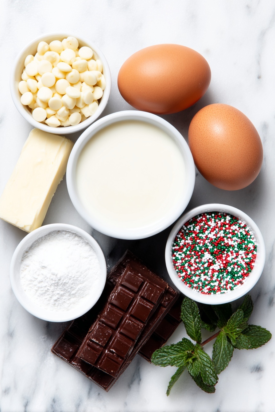 Flat lay of a small pile of glossy white chocolate chips, a stick of smooth pale yellow butter, a whole uncracked brown egg, a small white ceramic bowl filled with thick creamy sweetened condensed milk, two small white bowls each containing vibrant red and green liquid food coloring, a few colorful round holiday sprinkles scattered neatly on the surface, a fresh sprig of peppermint leaves for visual context, all arranged with perfect symmetry and balanced proportions on a clean white marble surface, soft natural light, photo taken with an iPhone, professional food photography style, fresh ingredients, white ceramic bowls, no bottles, no duplicates, no utensils, no packaging --ar 2:3 --v 7 --p m7354615311229779997
