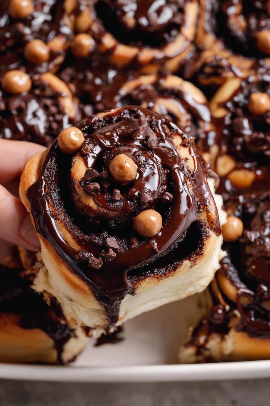 A close-up of four cinnamon rolls on a white plate placed on a white marbled surface, three of the rolls show a spiral pattern of light brown dough with dark brown cinnamon filling, and one roll has a thick, smooth layer of dark chocolate frosting with small chocolate shavings sprinkled on top; one frosted roll is bitten, showing a soft, moist part inside with light and dark swirls. photo taken with an iphone --ar 2:3 --v 7