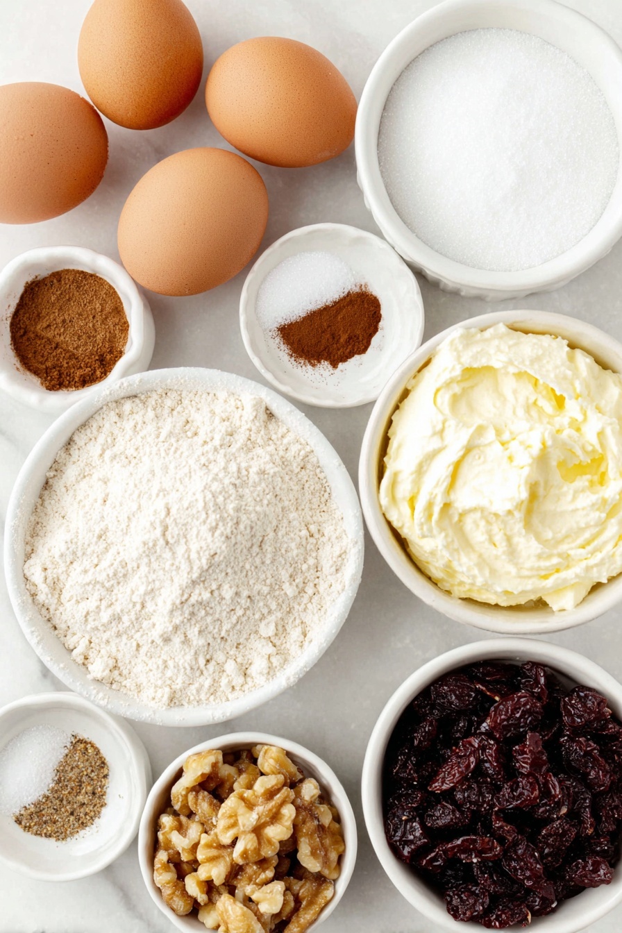 Flat lay of four whole uncracked brown eggs with clean shells, a small white ceramic bowl of clear water, a small white bowl filled with granulated white sugar, a small white bowl containing ground cinnamon with a warm brown color, a tiny mound of ground cloves and nutmeg on the white surface, a small white bowl holding vanilla seeds scraped from a black vanilla pod, a small white bowl of whole raw almonds, a small white bowl of whole raw walnuts, a small white bowl with golden raisins, a small white bowl with dark raisins, a small white bowl of cold whipping cream with soft peaks, and a small white bowl of fine white icing sugar, all arranged in perfect symmetry on a clean white marble surface, soft natural light, photo taken with an iPhone, professional food photography style, fresh ingredients, white ceramic bowls, no bottles, no duplicates, no utensils, no packaging --ar 2:3 --v 7 --p m7354615311229779997