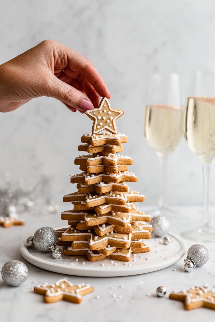 A tall stack of square-shaped cookies with light brown color sits on a white marbled surface. Each cookie has white icing decoration around the edges in small dots connected by thin lines, creating a lace-like pattern. The cookies are arranged neatly in layers, one on top of another, forming a pyramid shape. Around the base of the stack, there are a few silver jingle bells and small star-shaped cookies with similar white icing designs. The background is softly blurred with more star-shaped cookies visible. Photo taken with an iphone --ar 2:3 --v 7