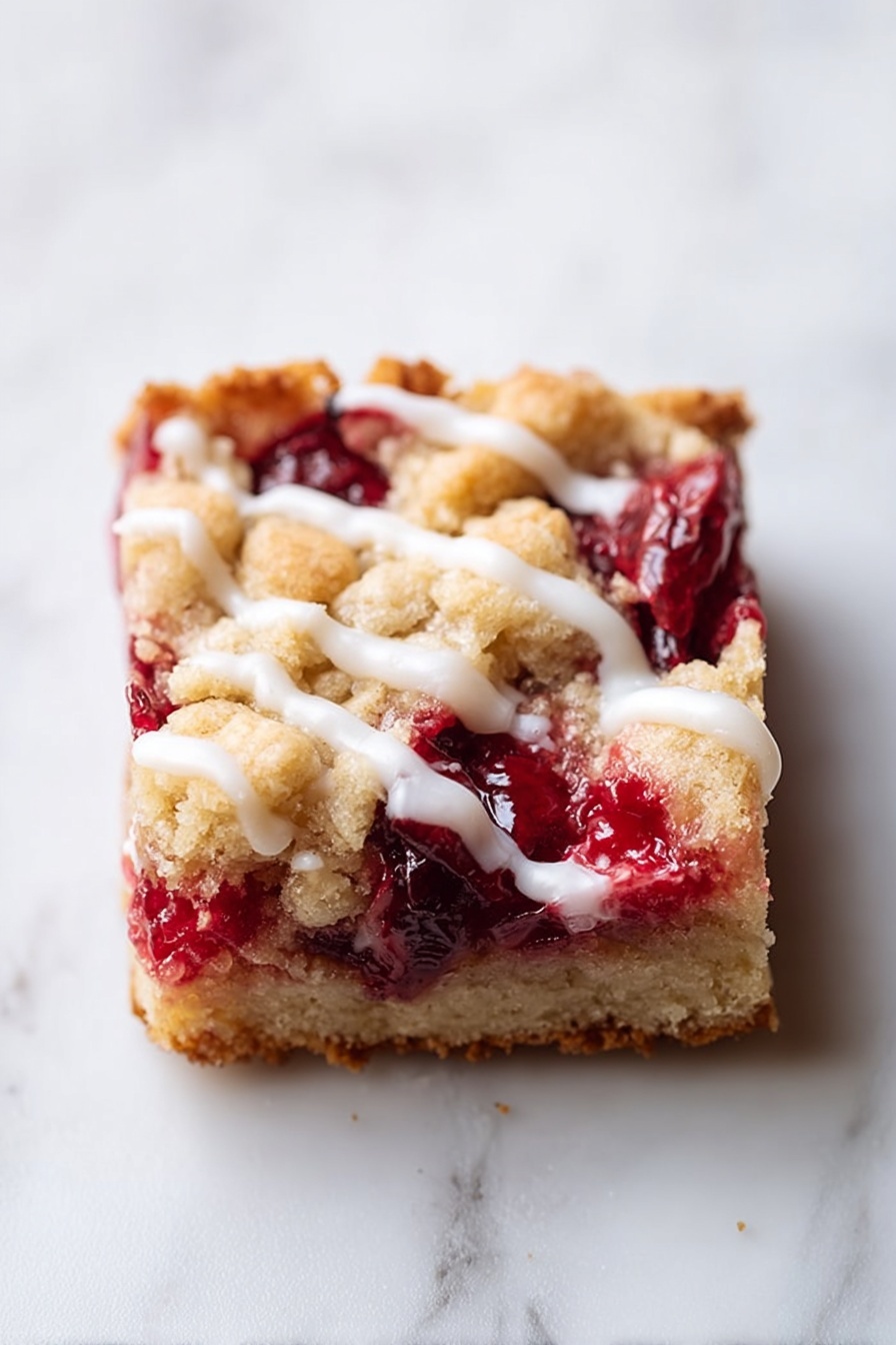 The image shows a single square piece of a fruit dessert bar on a white marbled surface. The dessert has two main visible layers: the bottom and top layers are light golden brown with a crumbly, soft texture, and in between there is a thick, bright red fruit filling with whole and mashed pieces. The top layer is uneven with small chunks and cracks, and white icing is drizzled over the top in thin streaks. The lighting is soft, highlighting the texture and colors of the dessert. Photo taken with an iphone --ar 2:3 --v 7