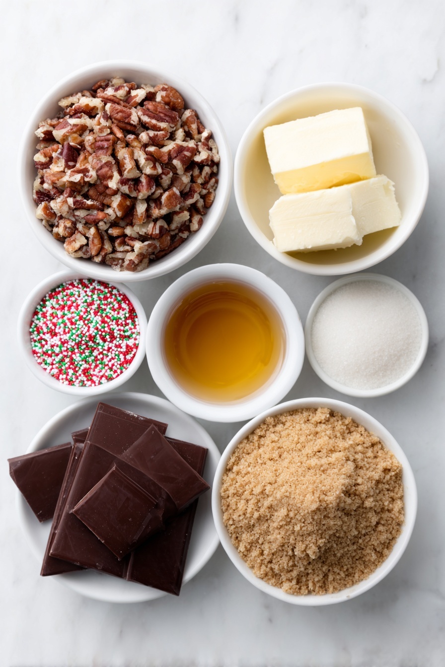 Flat lay of a simple white ceramic bowl filled with finely chopped pecans, a small white bowl of golden maple syrup, a small white bowl of light amber karo syrup, a small white bowl with golden melted butter, a small mound of light brown graham cracker crumbs on the clean white marble surface, a neat pile of rich brown packed brown sugar, a small white bowl with dark glossy chocolate melting discs, a few whole pecans, and a scattering of colorful holiday-themed sprinkles artfully arranged, placed on a clean white marble surface, soft natural light, photo taken with an iPhone, professional food photography style, fresh ingredients, white ceramic bowls, no bottles, no duplicates, no utensils, no packaging --ar 2:3 --v 7 --p m7354615311229779997