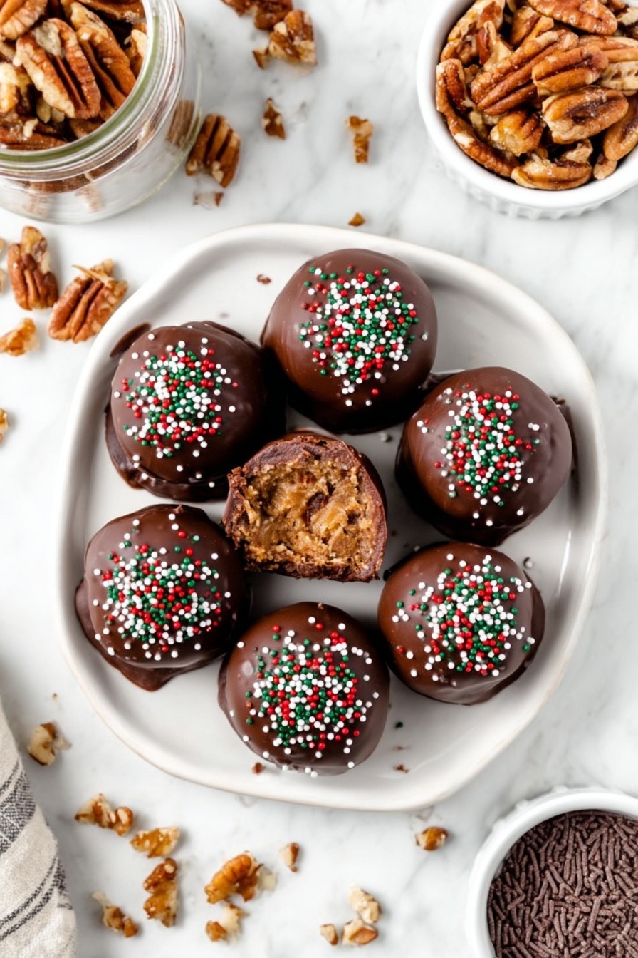 A white plate holds seven round chocolate-covered balls with a smooth, glossy dark chocolate layer topped with small chocolate sprinkles. One ball at the center is cut in half, showing a crumbly golden nutty filling inside. The plate sits on a white marbled surface scattered with some chocolate sprinkles and pecans. Around the plate, there is a small white bowl filled with chocolate sprinkles and a glass jar filled with whole pecans. The overall look is neat and colorful with a mix of dark brown, golden, and white tones. photo taken with an iphone --ar 2:3 --v 7