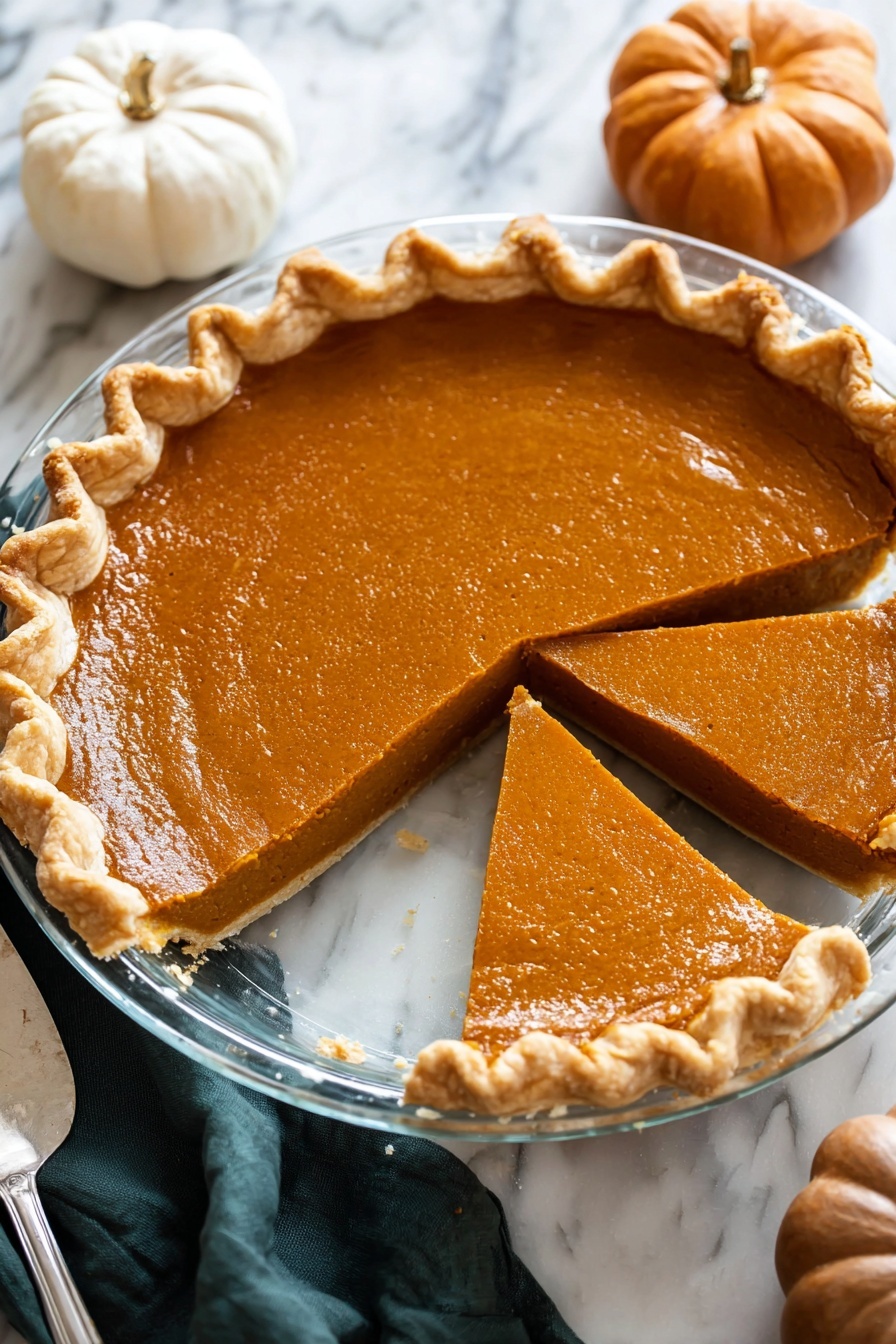 Four slices of pumpkin pie are arranged diagonally on white plates with scalloped edges, each slice showing two layers: a golden brown crust with crimped edges at the bottom and a smooth, deep orange pumpkin filling on top, finished with a swirl of white whipped cream in the center. The plates rest on a white marbled surface, with two small decorative pumpkins, one orange and one white, placed to the left. A silver fork lies beside the closest pie slice on the right, and a dark green cloth is loosely folded on the right side of the image. Photo taken with an iphone --ar 2:3 --v 7