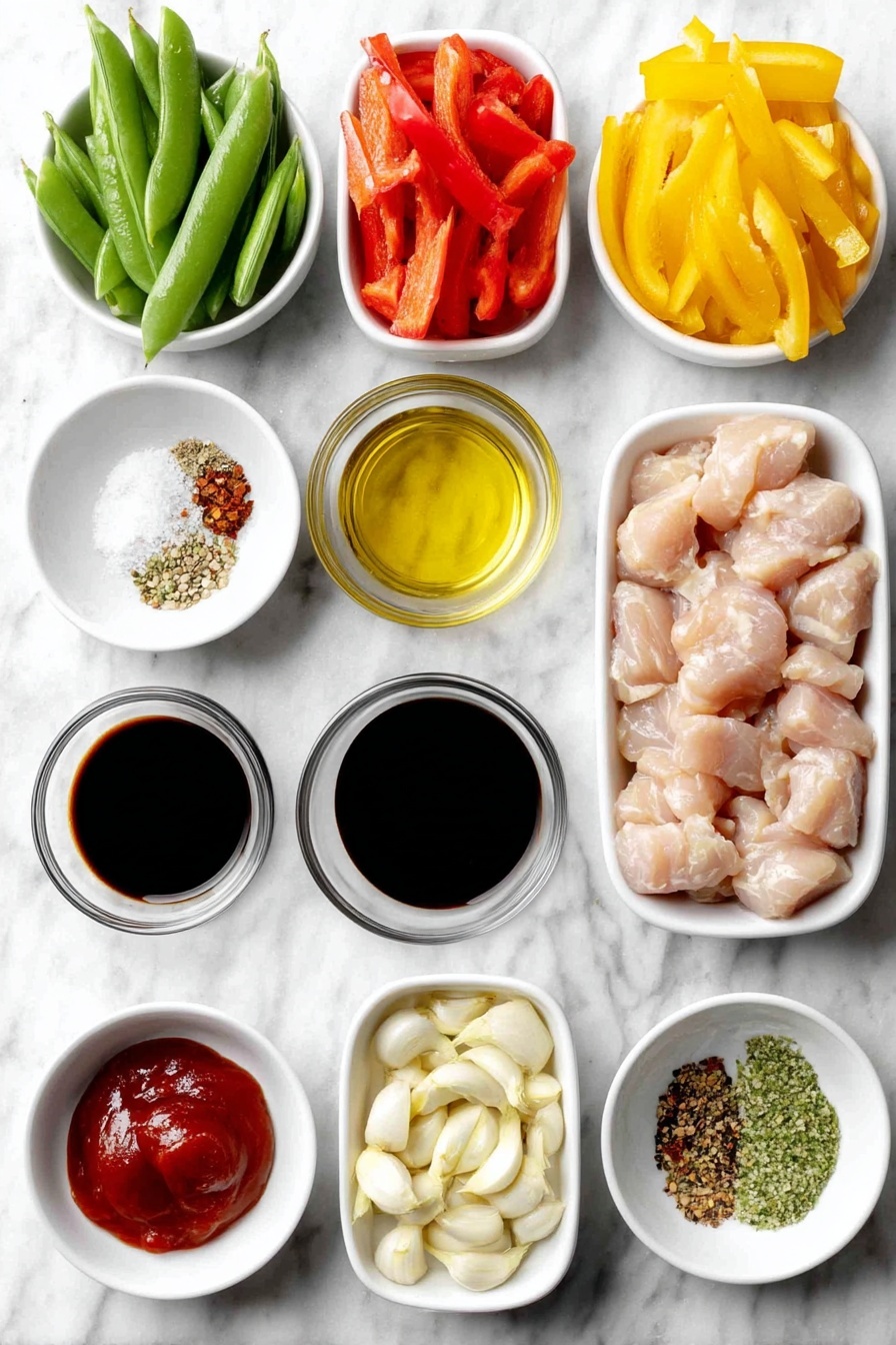 Flat lay of boneless skinless chicken breasts cut into bite-sized pieces, a whole red bell pepper sliced, a whole yellow bell pepper sliced, a small handful of fresh sugar snap peas, three fresh green onions sliced, three whole garlic cloves unpeeled, a small white bowl of pure soy sauce, a small white bowl of golden honey, a small white bowl of bright red sriracha, a small white bowl of deep red tomato paste, a small white bowl of pale apple cider vinegar, a small white bowl of dark sesame oil, a small white bowl of crushed red pepper flakes, a small white bowl of black pepper, two tablespoons of golden olive oil in a small white bowl, with a small pinch of coarse salt crystals in a white bowl, all arranged symmetrically on a clean white marble surface, soft natural light, photo taken with an iPhone, professional food photography style, fresh ingredients, white ceramic bowls, no bottles, no duplicates, no utensils, no packaging --ar 2:3 --v 7 --p m7354615311229779997