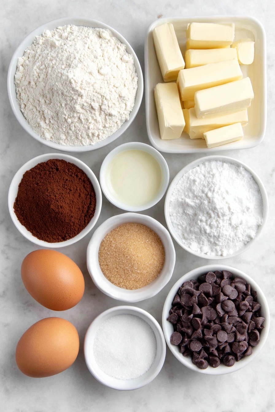 Flat lay of a small mound of all-purpose flour, a small white ceramic bowl filled with unsweetened cocoa powder, a small white ceramic bowl with light brown sugar, another small white ceramic bowl with granulated sugar, a few sticks of unsalted butter at room temperature, two whole uncracked large brown eggs, two whole uncracked egg yolks still in shells, a small white ceramic bowl of semi-sweet chocolate chips, a small white ceramic bowl of baking powder, a small white ceramic bowl of salt, a small white ceramic bowl with vanilla extract, a small white ceramic bowl filled with powdered sugar placed with perfect symmetry on a clean white marble surface, soft natural light, photo taken with an iPhone, professional food photography style, fresh ingredients, white ceramic bowls, no bottles, no duplicates, no utensils, no packaging --ar 2:3 --v 7 --p m7354615311229779997