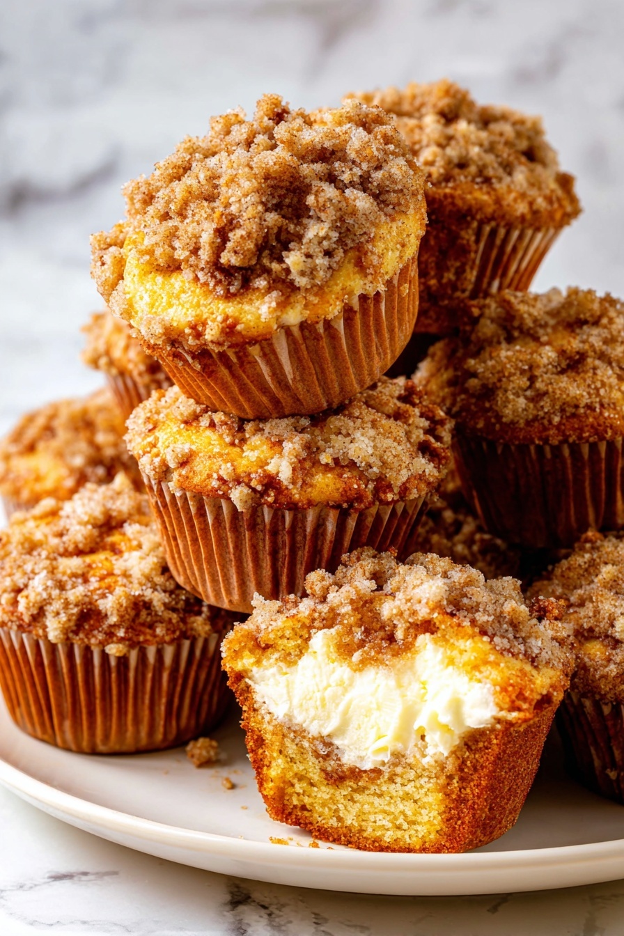 The image shows a close-up of several muffins stacked in a pile on a white plate. Each muffin has three visible layers: the bottom layer is golden brown and moist, the middle layer is creamy white filling inside one muffin with its baking liner peeled back, and the top layer is a crumbly, textured coating of light brown streusel with visible small nut pieces and sugar crystals scattered on top. The muffins are in brown paper liners with the plate set on a white marbled surface. The lighting highlights the crumbly texture and creamy filling in sharp detail. Photo taken with an iphone --ar 2:3 --v 7