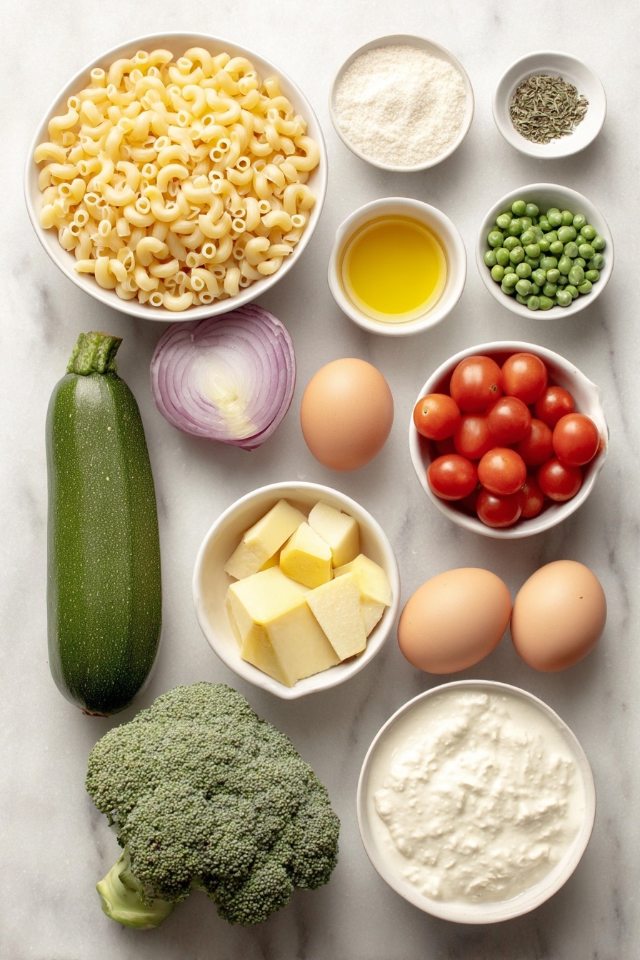 Flat lay of uncooked cavatappi pasta piled loosely, a small white bowl with golden extra virgin olive oil, a halved medium red onion showing vibrant purple layers, fresh bright green broccoli florets, a sliced and quartered yellow squash with pale yellow skin, a sliced and quartered zucchini in fresh green tones, tender asparagus stalks trimmed and cut, a chopped red bell pepper with glossy skin, a small white bowl filled with halved ripe cherry tomatoes, four whole uncracked brown eggs, several peeled garlic cloves, a small white bowl holding creamy heavy cream, a small white bowl with pale chicken broth, a small white bowl containing light yellow cornstarch powder, dried oregano, dried parsley, and dried thyme arranged neatly as small sprigs and piles, a small white bowl of fresh lemon juice, a white ceramic dish with freshly grated Parmesan cheese, a small pile of thawed petite green peas, and a few sprigs of chopped fresh basil all perfectly arranged in balanced symmetry on a clean white ceramic surface, placed on a clean white marble surface, soft natural light, photo taken with an iPhone, professional food photography style, fresh ingredients, white ceramic bowls, no bottles, no duplicates, no utensils, no packaging --ar 2:3 --v 7 --p m7354615311229779997