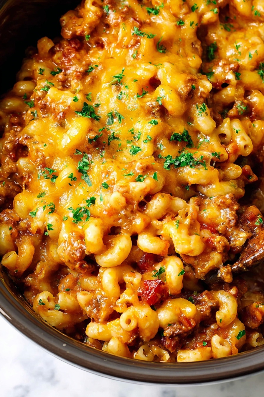The image shows a close-up of a cheesy pasta dish in a white bowl on a white marbled surface. The dish has three main layers: a bottom layer of elbow macaroni mixed with browned ground meat and small bits of tomato sauce, a middle layer of melted golden-yellow cheese that is stringy and covers the pasta well, and a top layer sprinkled with bright green chopped parsley for freshness. The textures are rich and moist, with the cheese blending smoothly into the pasta. A silver spoon is scooping out some of the cheesy pasta from the bottom right of the bowl. photo taken with an iphone --ar 2:3 --v 7