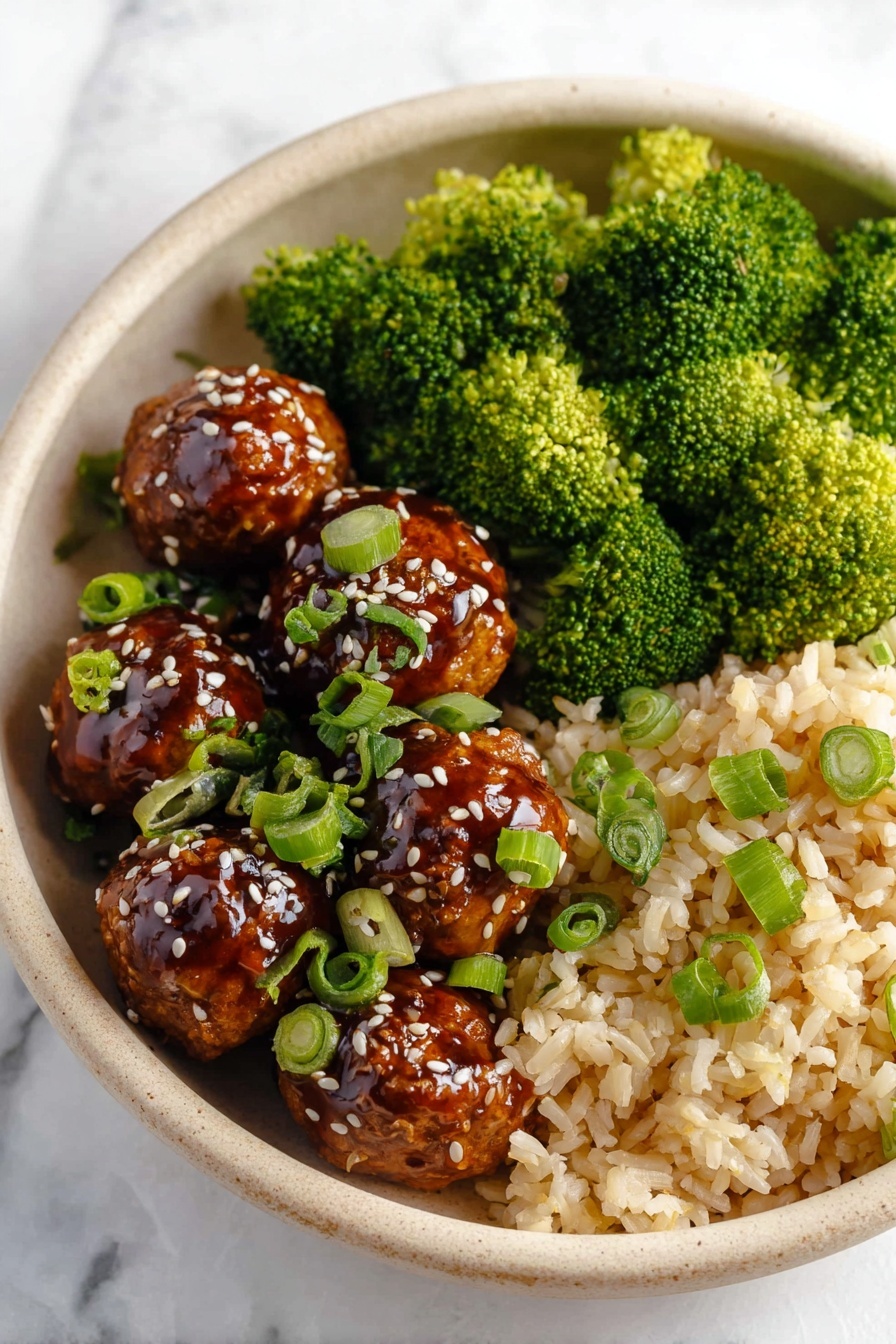 The image shows a white bowl filled with multiple shiny, golden-brown meatballs covered in a thick dark brown sauce. The meatballs are small, round, and garnished with white sesame seeds and small green onion slices scattered on and around them. The sauce is rich and glossy, pooling in the bottom of the bowl, contrasting with the bright white bowl and making the meatballs stand out. The scene is set on a white marbled surface. photo taken with an iphone --ar 2:3 --v 7