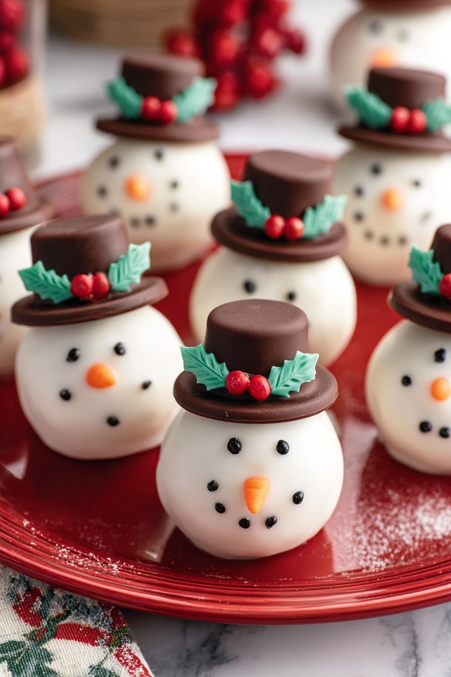 The image shows several round white balls covered in smooth white icing placed closely on a red plate. Each ball looks like a snowman head with small black dots made of candy or icing forming the eyes and mouth. The nose is a small orange shape resembling a carrot, placed in the middle of the face. On top of each white ball is a small, detailed chocolate hat with a dark brown top and black band decorated with two green holly leaves and three tiny red berries. The plate sits on a white marbled surface with a Christmas-themed cloth nearby, creating a festive feel. photo taken with an iphone --ar 2:3 --v 7