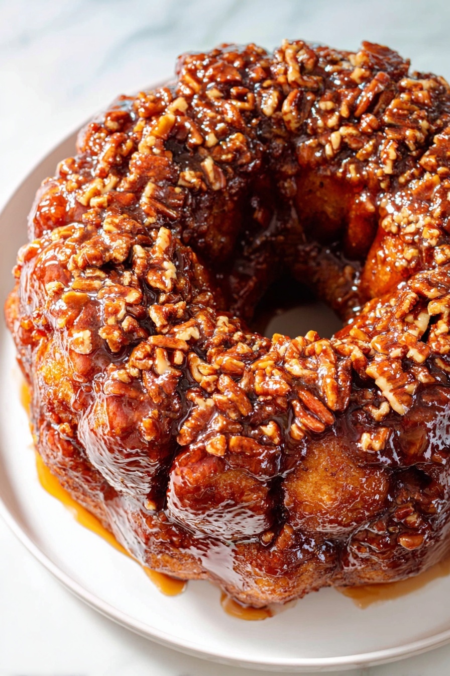 A round bundt cake with a rich brown color, covered in a shiny dark caramel glaze that coats the top and drips down the sides. The surface is sprinkled generously with chopped pecans, adding a textured layer of light and dark brown pieces. The cake sits on a white plate placed on a white marbled surface, emphasizing the warm tones of the cake and the nuts. Photo taken with an iphone --ar 2:3 --v 7