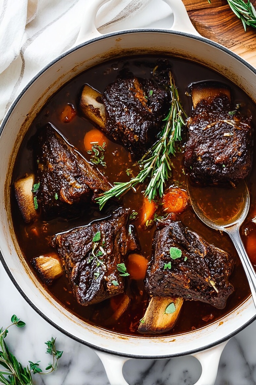 Inside a white pot, there are five dark brown braised meat pieces with a rough texture, partially covered by a shiny, dark brown sauce. Floating around the meat are small chunks of bright orange carrot, thin sprigs of green rosemary, and some pale translucent onion pieces. The sauce has a thick, glossy look and fills the base of the pot around the meat and vegetables. The pot sits on a white marbled surface with a white cloth underneath. photo taken with an iphone --ar 2:3 --v 7