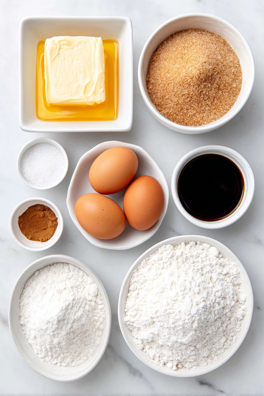 Flat lay of a small square white ceramic dish with melted golden butter, a small white bowl filled with light brown packed sugar, two whole uncracked brown eggs, a small white bowl of thick dark molasses, a small white bowl with clear vanilla extract, a small white bowl heaped with pale all-purpose flour, a small white bowl containing ground ginger powder, a small white bowl with cinnamon powder, a small white bowl with baking powder, a small white bowl holding kosher salt crystals, and a small white plate dusted lightly with confectioners’ sugar, all arranged symmetrically and balanced, placed on a clean white marble surface, soft natural light, photo taken with an iPhone, professional food photography style, fresh ingredients, white ceramic bowls, no bottles, no duplicates, no utensils, no packaging --ar 2:3 --v 7 --p m7354615311229779997