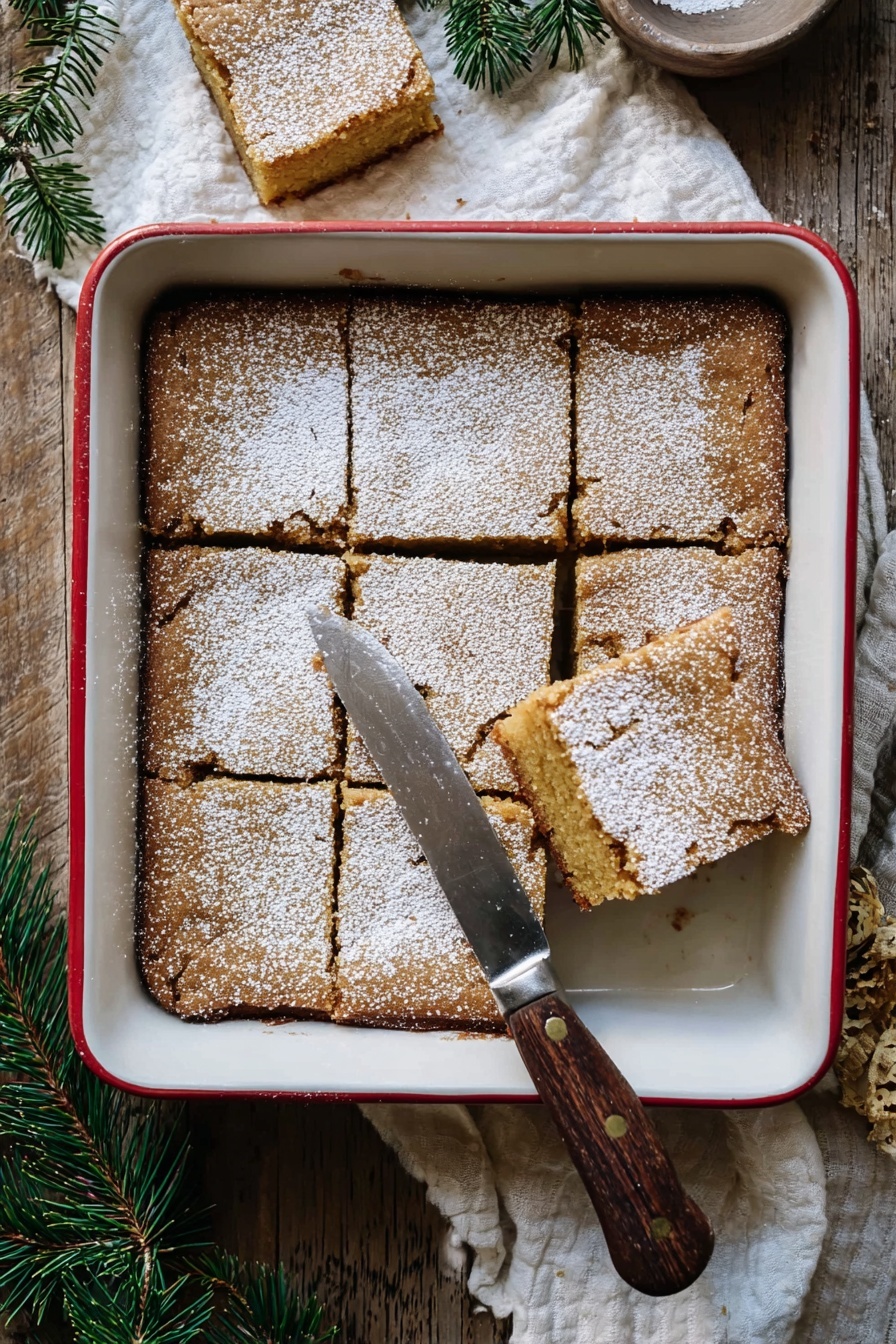 A square white ceramic pan with a red rim holds a thick, golden brown baked dessert cut into nine equal squares. One square is being lifted by a knife with a dark brown wooden handle, showing a slightly soft texture inside. The top of the dessert is dusted lightly with white powdered sugar. The pan rests on a rustic wooden surface with a white cloth and green pine leaves nearby, adding a cozy, festive feel. Photo taken with an iphone --ar 2:3 --v 7