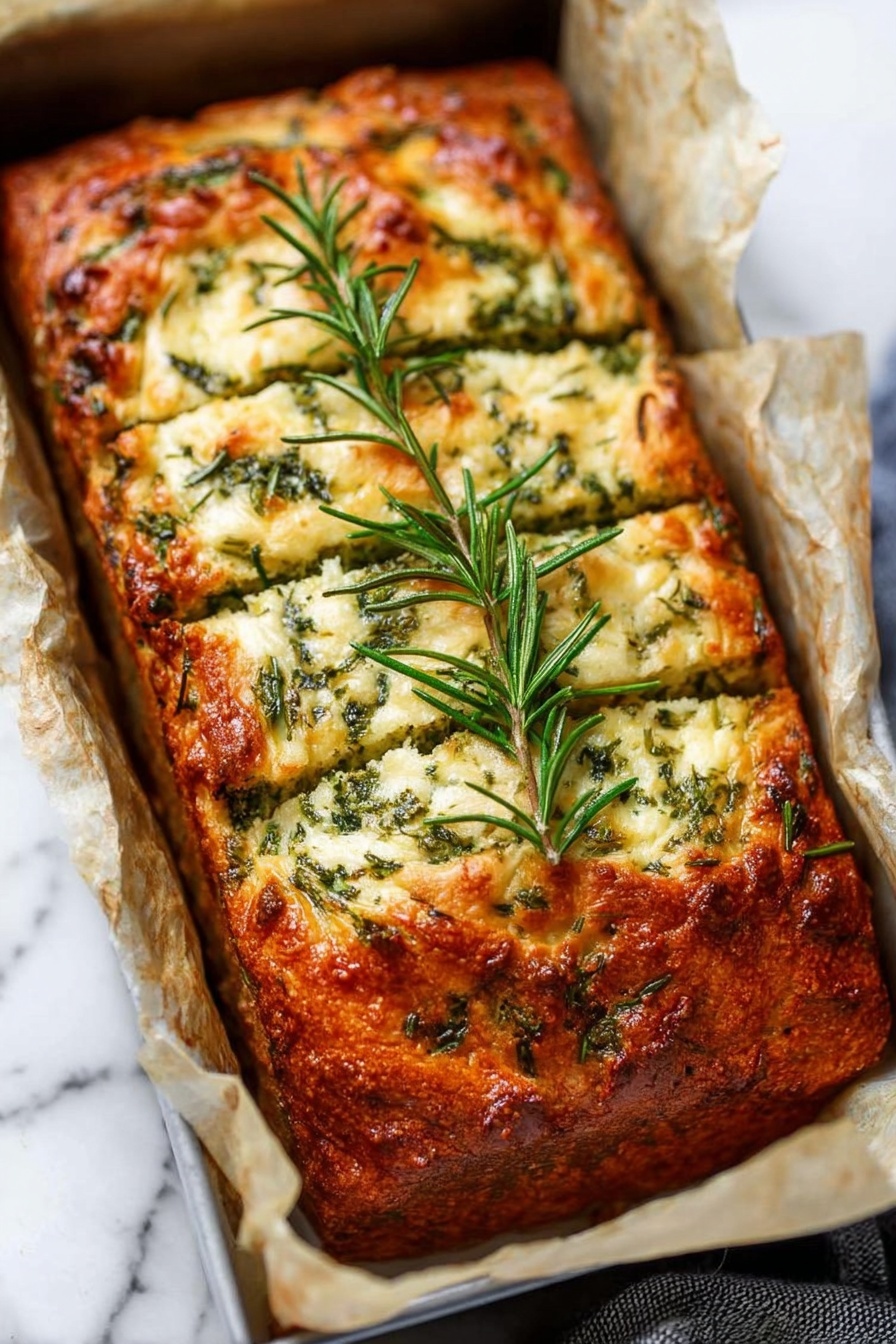 The image shows a rectangular loaf in a baking tray lined with parchment paper, resting on a white marbled surface. The loaf has five main visible layers on top: three wide, golden brown baked cheese layers with a slightly crispy texture, alternating with two green herb layers that have a finely chopped, leafy texture. The loaf surface is slightly cracked with a mix of glossy and matte areas, giving it a rustic look. At the front corner of the tray, there is a fresh green rosemary sprig placed on the loaf, adding a touch of freshness to the warm, baked colors. Photo taken with an iphone --ar 2:3 --v 7