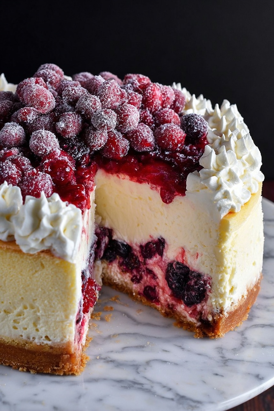 The image shows a round cheesecake with three layers: a thick brown crumb base at the bottom, a pale yellow creamy middle layer, and a white whipped topping layer. On top of the whipped cream, there is a ring of swirled cream rosettes near the edge of the cake. The center is filled with a pile of red and dark red berries covered in a sugary frost. The cake sits on a white ornate cake stand, with a dark black background behind it. The photo taken with an iphone --ar 2:3 --v 7