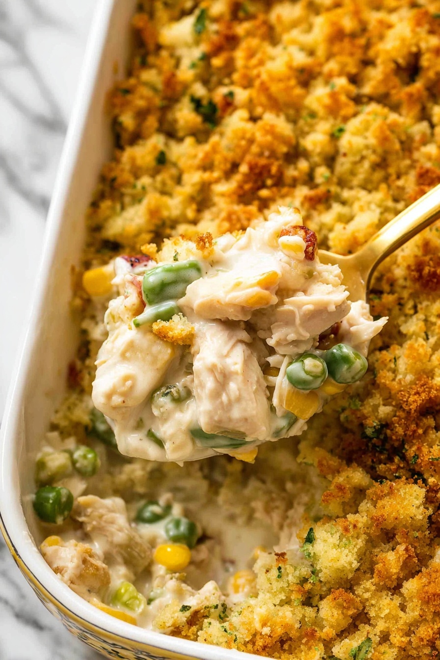 The dish shows a close-up view of a casserole with three main layers: the top layer is a crumbly stuffing mix in golden brown with bits of green herbs, giving a crunchy texture; underneath the stuffing, there is a creamy, thick sauce in off-white with visible chunks of cooked chicken pieces; scattered within the sauce, there are small colorful vegetable pieces like green beans, corn, and peas adding some green, yellow, and orange highlights; the casserole is in a white pan, and a golden spoon scoops through the layers, lifting some of the creamy sauce with chicken and vegetables through the stuffing layer. The background is a white marbled surface. photo taken with an iphone --ar 2:3 --v 7