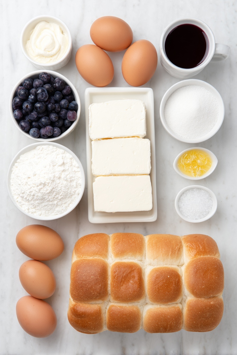 Flat lay of a loaf of brioche sliced into rustic cubes, two small white ceramic bowls filled with fresh plump blueberries, two blocks of smooth cream cheese, a small white ceramic bowl of granulated sugar, six whole uncracked brown eggs arranged in a neat line, a small white ceramic bowl with creamy half and half, another small white ceramic bowl holding golden lemon juice alongside a few thin strips of fresh lemon zest, a tiny white ceramic bowl of vanilla extract, and a small white ceramic bowl of fine salt, all placed with perfect symmetry on a clean white marble surface, soft natural light, photo taken with an iPhone, professional food photography style, fresh ingredients, white ceramic bowls, no bottles, no duplicates, no utensils, no packaging --ar 2:3 --v 7 --p m7354615311229779997