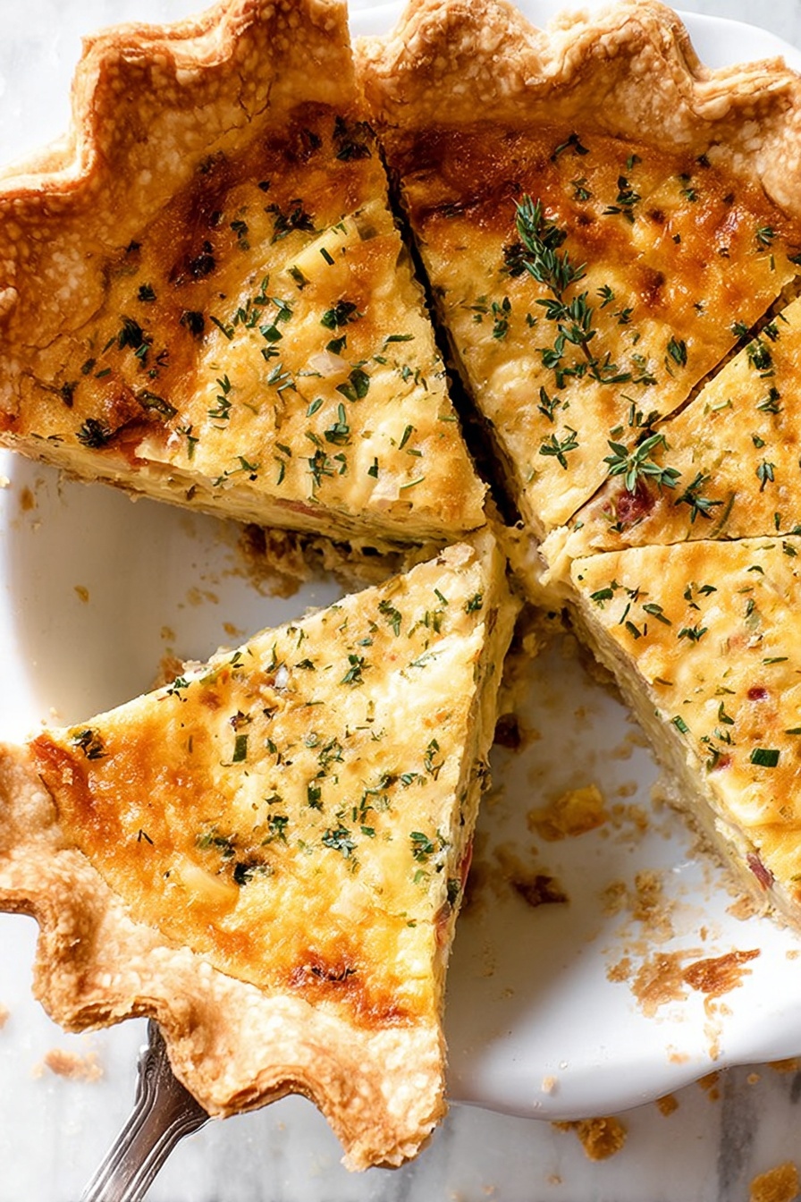The image shows a white round pie dish with three slices of savory pie, arranged in a slightly overlapping pattern. Each slice has a thick, flaky, golden-brown crust with crimped edges. The filling layer is creamy and light yellow with visible bits of herbs sprinkled all over, adding green specks on the surface. There are some small pieces of vegetables or meat within the filling, giving it a textured look. The pie is on a white marbled surface with a few crumbs scattered nearby. A silver pie server is lifting the bottom slice. Photo taken with an iphone --ar 2:3 --v 7