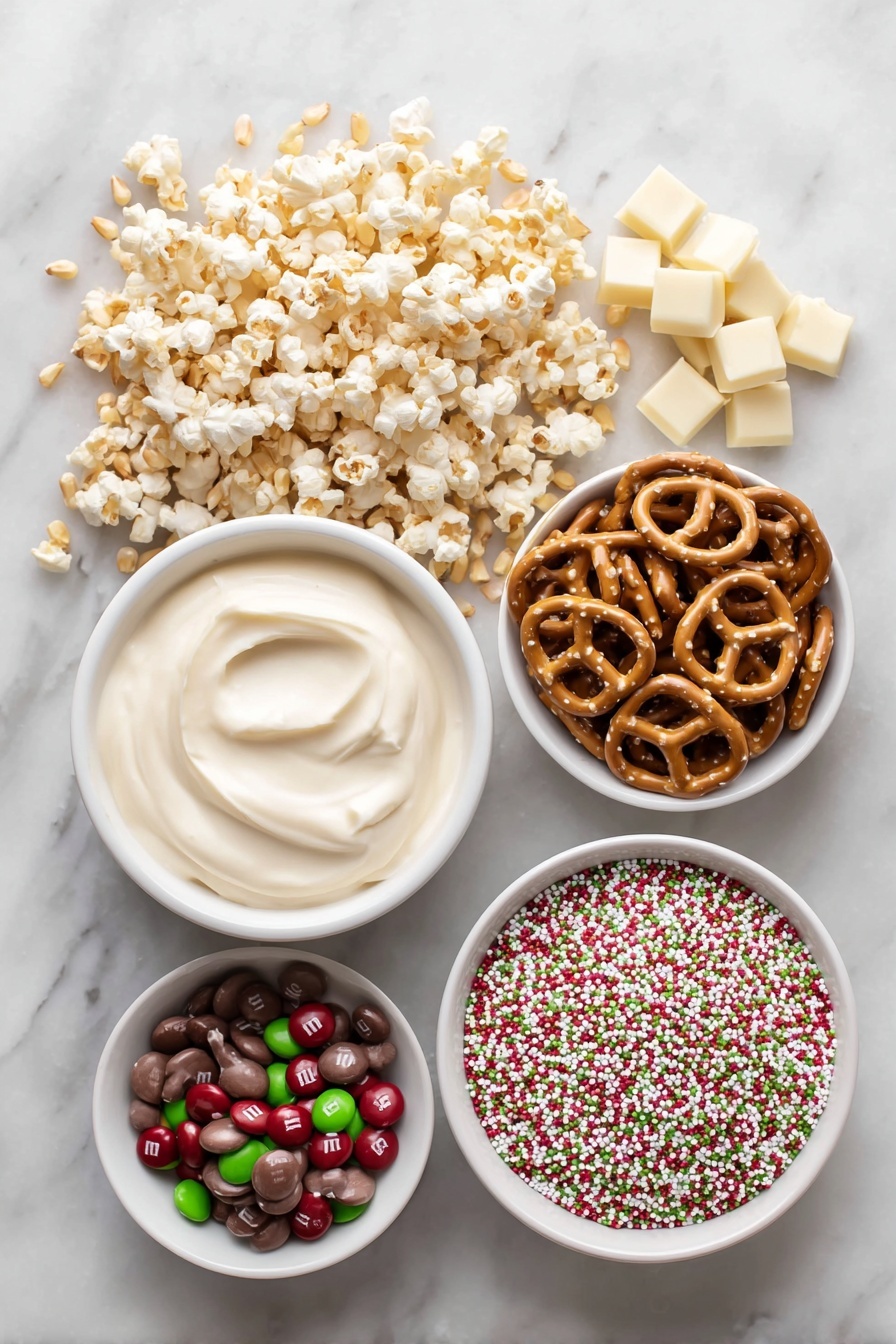 Flat lay of fresh, unpopped golden popcorn kernels scattered neatly beside a pile of broken salted pretzel pieces, a small white ceramic bowl filled with smooth, creamy white vanilla candy melts, a handful of shiny red and green milk chocolate M&Ms grouped artfully, and a small white bowl brimming with festive multicolored Christmas sprinkles, all arranged with perfect symmetry on a clean white marble surface, soft natural light, photo taken with an iPhone, professional food photography style, fresh ingredients, white ceramic bowls, no bottles, no duplicates, no utensils, no packaging --ar 2:3 --v 7 --p m7354615311229779997