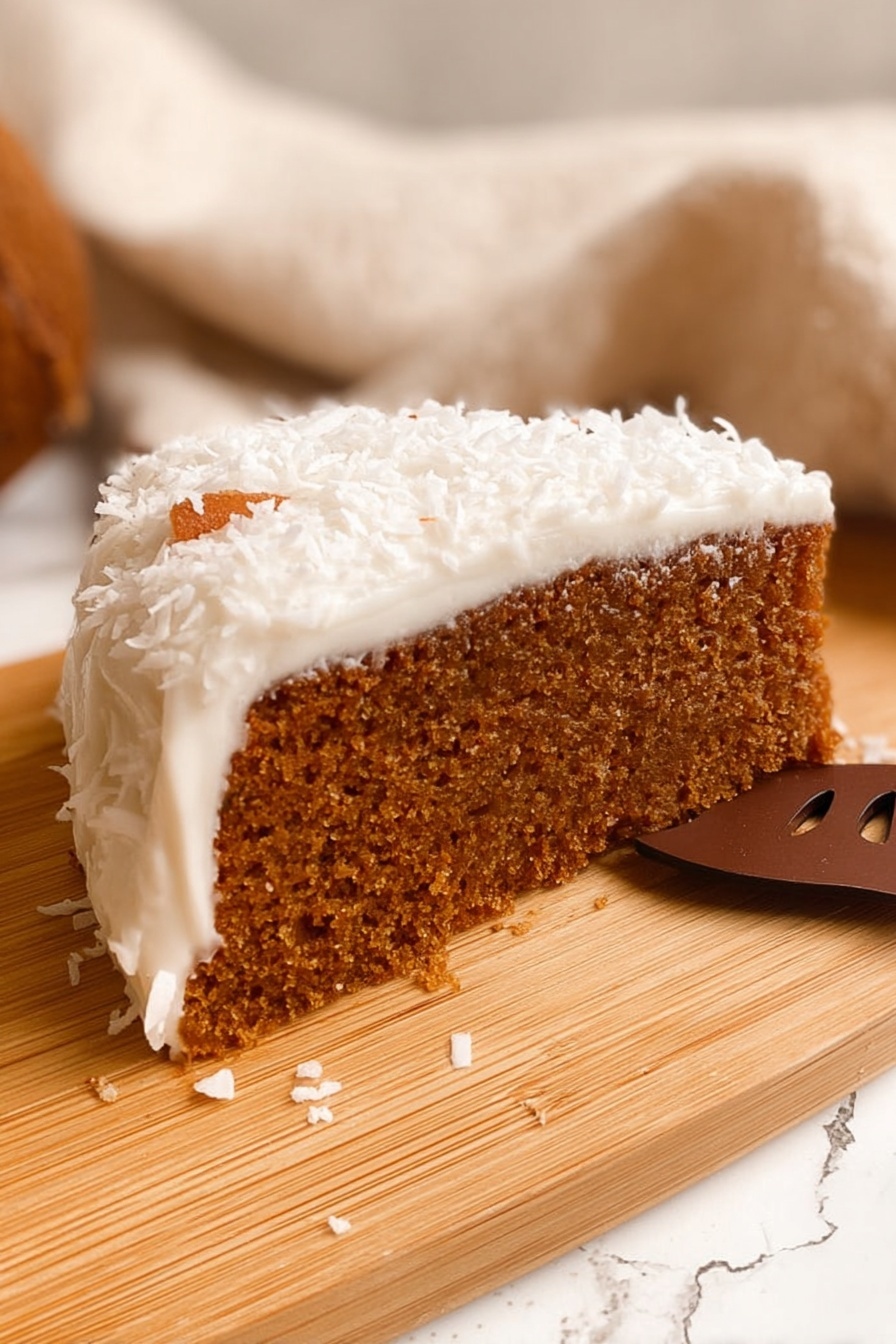 The image shows two thick slices of moist brown cake on a white plate, with a layer of white frosting covered in shredded coconut on the side where the slices meet. A gold fork is gently pressing the front slice on the right side. In the background, a larger white plate holds the rest of the cake, also covered with the same white frosting and shredded coconut. Two red and white candy canes lie on a beige cloth with small, warm lights softly glowing behind them. The scene is set on a white marbled surface with a small shiny silver ornament nearby. photo taken with an iphone --ar 2:3 --v 7