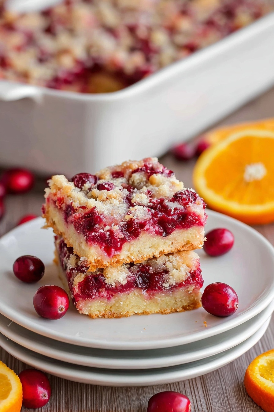 A square piece of cranberry dessert bar sits on top of three stacked white plates. The bar has three visible layers: the bottom layer is a light golden crumbly crust, the middle layer is bright red with whole and halved cranberries mixed in, and the top layer is a pale, slightly textured crumbly topping with more cranberries. In the background, there is a white baking dish filled with more of the cranberry bars, showing the same red and golden colors. Around the plates are scattered fresh cranberries and slices of orange on a surface with a wood texture. Photo taken with an iphone --ar 2:3 --v 7