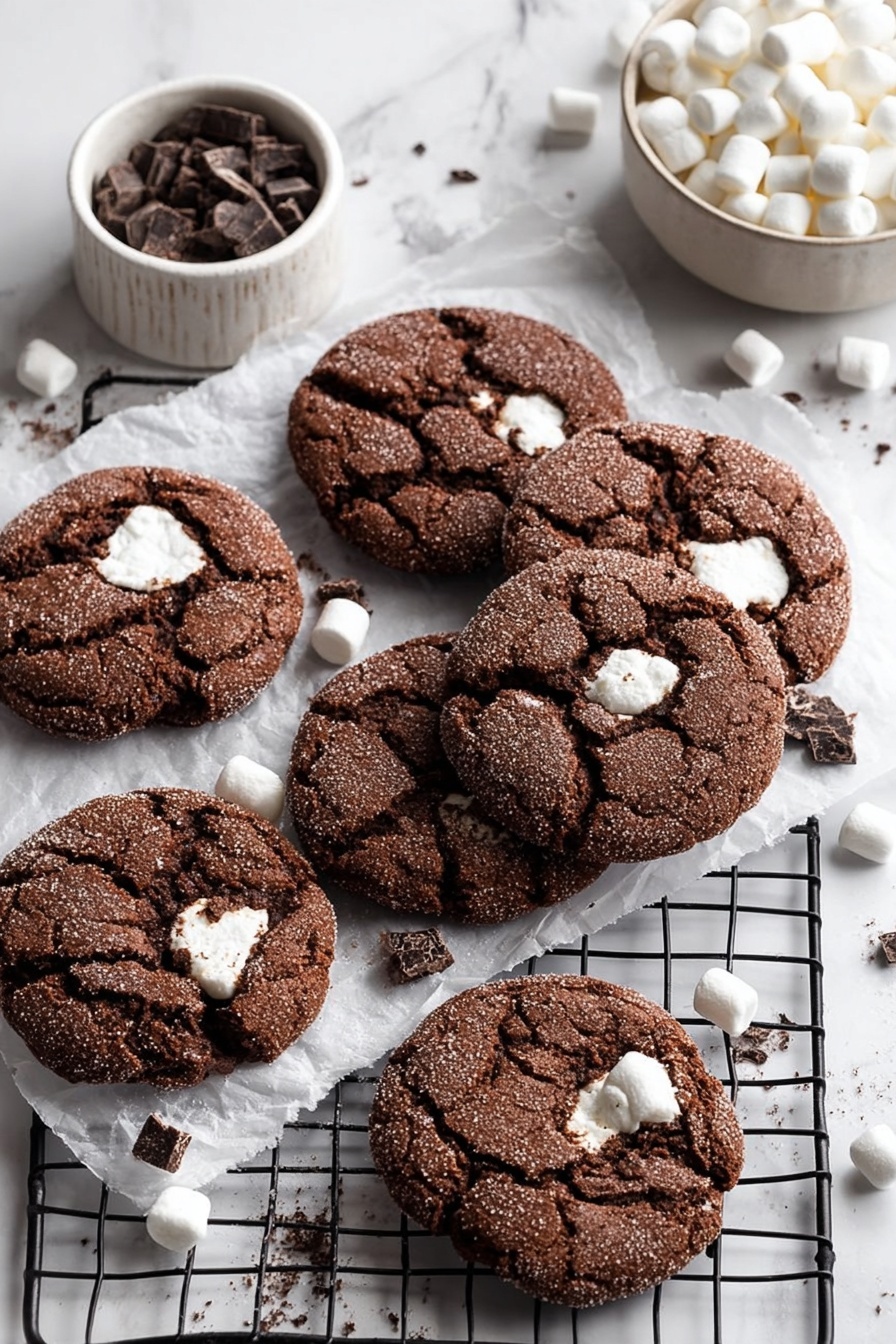 The image shows a group of nine round chocolate cookies with cracked tops and visible white marshmallow pieces melting through the cracks, all placed on white parchment paper atop a black cooling rack. The cookies have a dark brown color with a slightly rough texture coated in sugar. Scattered around the cookies are small white marshmallows and bits of dark chocolate chunks. In the top right corner, there is a white bowl filled with mini marshmallows, and in the bottom left, there is a small white measuring cup with chopped dark chocolate. The background surface is a white marbled texture. photo taken with an iphone --ar 2:3 --v 7