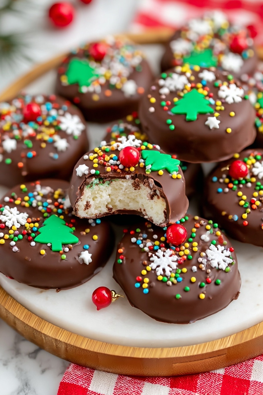 The image shows many round chocolate-covered treats placed on a white plate with wooden edges, resting on a white marbled surface with a red and white checkered cloth underneath. Each treat has a smooth dark brown chocolate layer with colorful Christmas-themed sprinkles on top. One layer is a cream-white filling inside the chocolate shell, visible because one treat has a bite taken from it. Decorations include red balls, green Christmas trees, white snowflakes, and multicolor stars and dots, scattered all over the top of each treat. The photo taken with an iphone --ar 2:3 --v 7