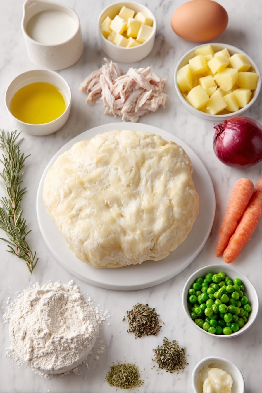 Flat lay of a thick disc of pale, chilled pie dough on simple white ceramic plate, one whole large brown egg with clean shell, a small white bowl of pale yellow milk, a small white bowl of golden olive oil, a small white bowl of unsalted butter cubes, peeled and chopped Yukon gold potatoes in a neat pile, two medium yellow onions, one whole and one chopped, two medium carrots thinly sliced, celery stalks with green leaves sliced, four cloves of fresh garlic unpeeled, a small white bowl of all-purpose flour, shredded rotisserie chicken in a small mound, a small white bowl of frozen green peas, a small white bowl of low-sodium chicken broth, small piles of dried parsley, oregano, thyme, rubbed sage, rosemary, and a pinch of black peppercorns arranged neatly, all placed on a clean white marble surface, soft natural light, photo taken with an iPhone, professional food photography style, fresh ingredients, white ceramic bowls, no bottles, no duplicates, no utensils, no packaging --ar 2:3 --v 7 --p m7354615311229779997