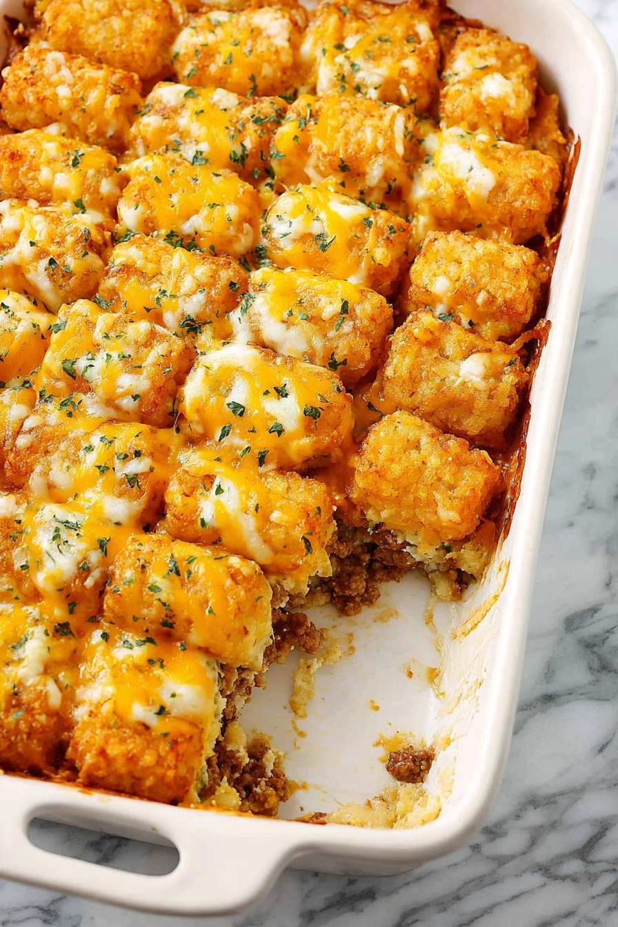 This image shows a white rectangular baking dish filled with a layered casserole on a white marbled surface. The dish has a blue handle labeled