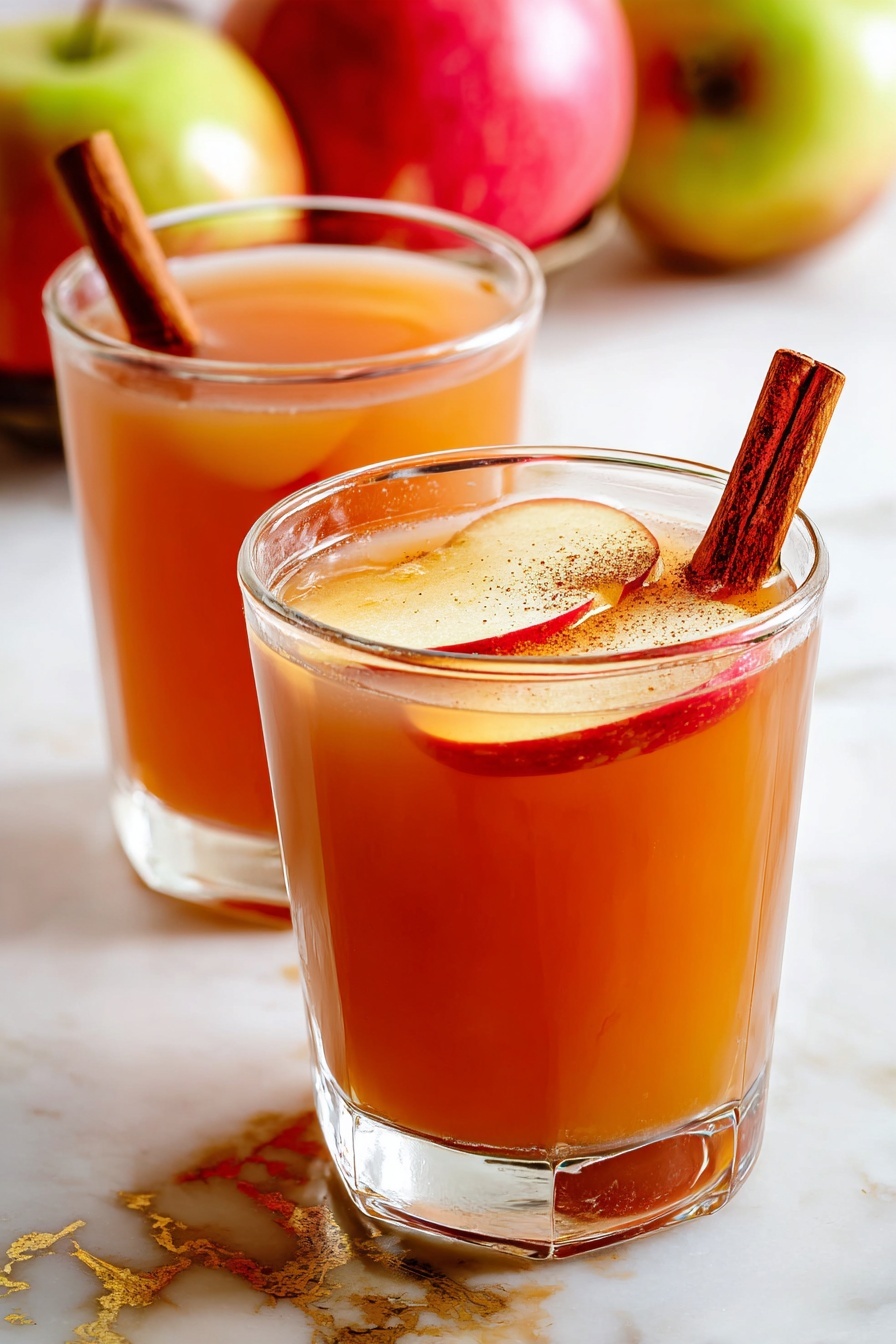 Two clear glasses filled with warm amber-colored apple cider, each topped with thin red apple slices floating on the surface. One glass has a single brown cinnamon stick inserted vertically, and a light dusting of cinnamon powder sprinkled on top of the apple slices. The glasses rest on a white marbled surface with blurred green and red apples in the background giving a fresh, cozy feel. A cinnamon stick lies on the surface near the closest glass. Photo taken with an iphone --ar 2:3 --v 7