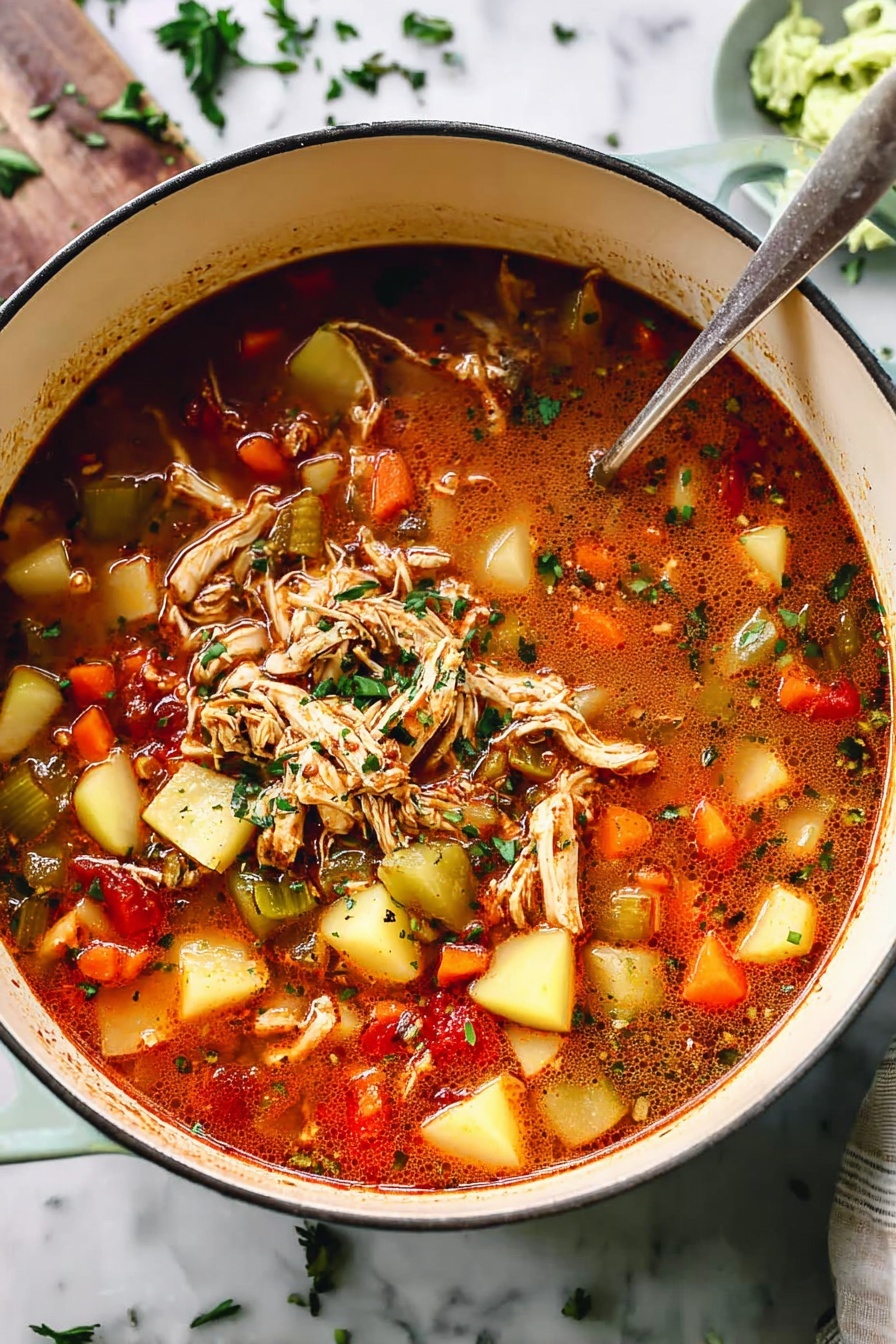 The image shows a large white pot filled with a thick soup. The soup has a reddish-brown broth and is packed with many small chunks of vegetables like orange carrots, light yellow potatoes, and green celery. There are shredded pieces of light brown chicken scattered on top, and some herbs are sprinkled over the soup's surface. A metal spoon is standing inside the pot. The pot is placed on a white marbled surface with some green herbs scattered around. Photo taken with an iphone --ar 2:3 --v 7