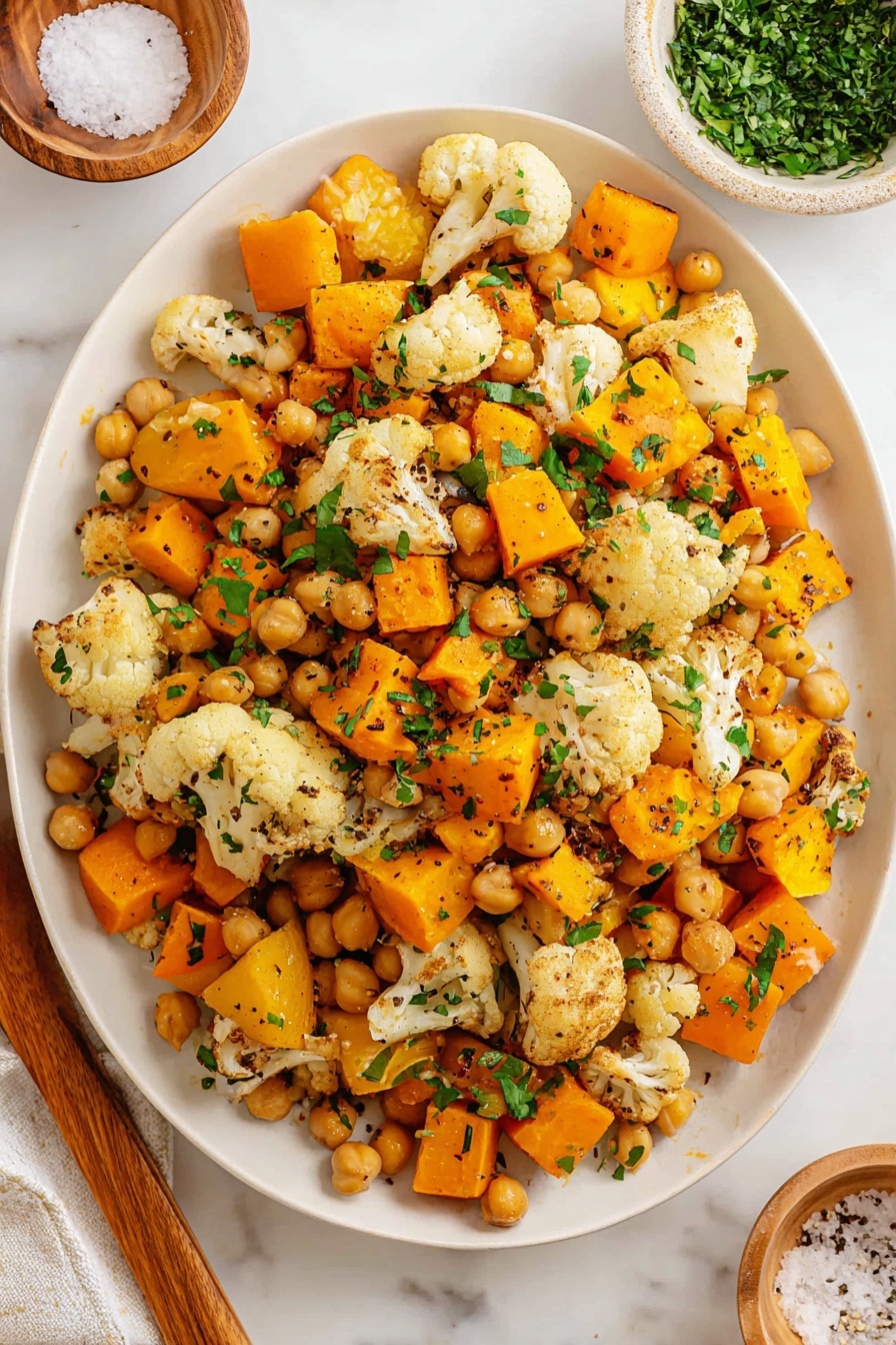 A white oval plate filled with a colorful mix of roasted vegetables and chickpeas, featuring three main layers: light beige roasted cauliflower florets with a slightly crispy texture, bright orange cubed butternut squash, and round beige chickpeas scattered evenly throughout. The dish is sprinkled with finely chopped green parsley and black pepper flakes, adding contrast and freshness. A golden spoon rests on the left side of the plate, partially mixing the ingredients. The plate is set on a white marbled surface with a small wooden bowl of salt and another wooden bowl filled with parsley nearby. Photo taken with an iphone --ar 2:3 --v 7