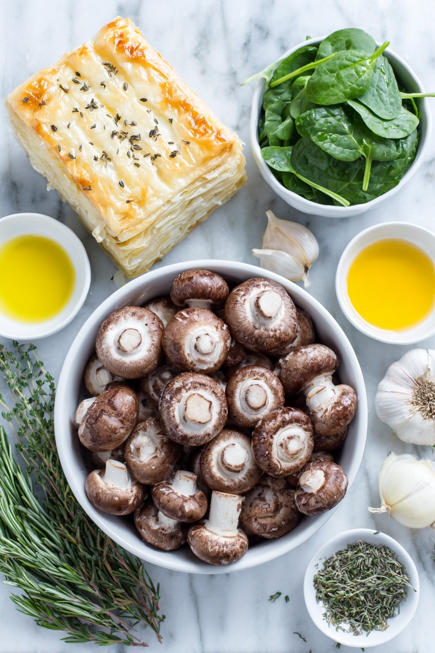 Flat lay of fresh whole cremini mushrooms, three large yellow onions thinly sliced in a simple white ceramic bowl, three cloves of whole unpeeled garlic, fresh chopped thyme sprigs, dried rosemary in a small white bowl, fresh baby spinach leaves in a white bowl, two medium sweet potatoes peeled and thinly sliced, a sheet of thawed puff pastry folded neatly on a white ceramic plate, small white bowls containing golden olive oil and creamy unsweetened soy milk placed separately, all arranged in perfect symmetry on a clean white marble surface, soft natural light, photo taken with an iPhone, professional food photography style, fresh ingredients, white ceramic bowls, no bottles, no duplicates, no utensils, no packaging --ar 2:3 --v 7 --p m7354615311229779997