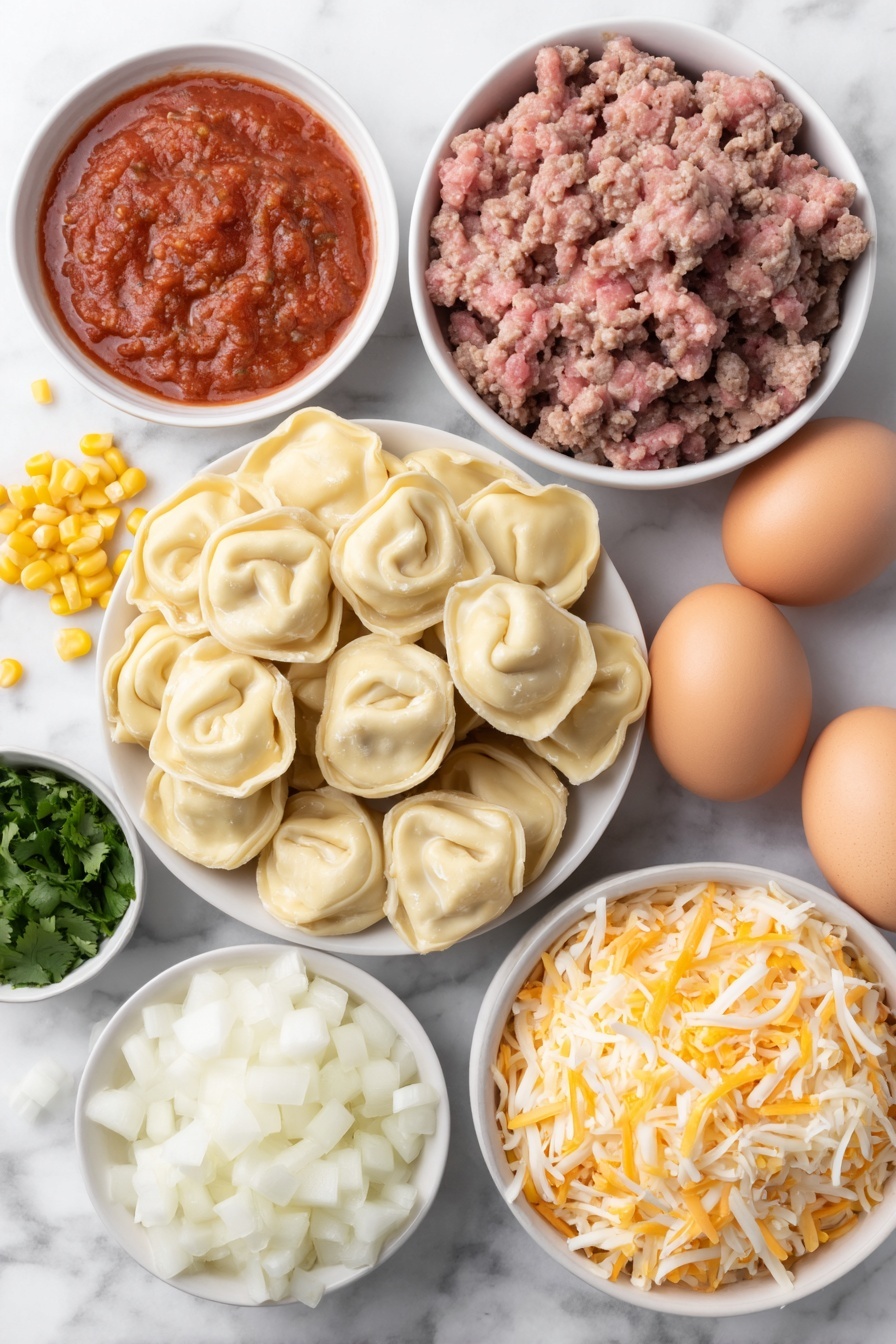 Flat lay of fresh cheese-filled tortellini pasta arranged in a neat cluster, a small mound of raw lean ground beef, a simple white bowl filled with diced white onions, a small white bowl with bright yellow corn kernels, a small white bowl containing vibrant red enchilada sauce, another small white bowl holding chunky red salsa, a pile of shredded Mexican three-cheese blend with white, orange, and pale yellow hues, a small white bowl filled with smooth creamy sour cream, a few sprigs of freshly chopped green cilantro scattered gently nearby, and three whole uncracked brown eggs placed symmetrically, all ingredients placed on a clean white marble surface, soft natural light, photo taken with an iPhone, professional food photography style, fresh ingredients, white ceramic bowls, no bottles, no duplicates, no utensils, no packaging --ar 2:3 --v 7 --p m7354615311229779997