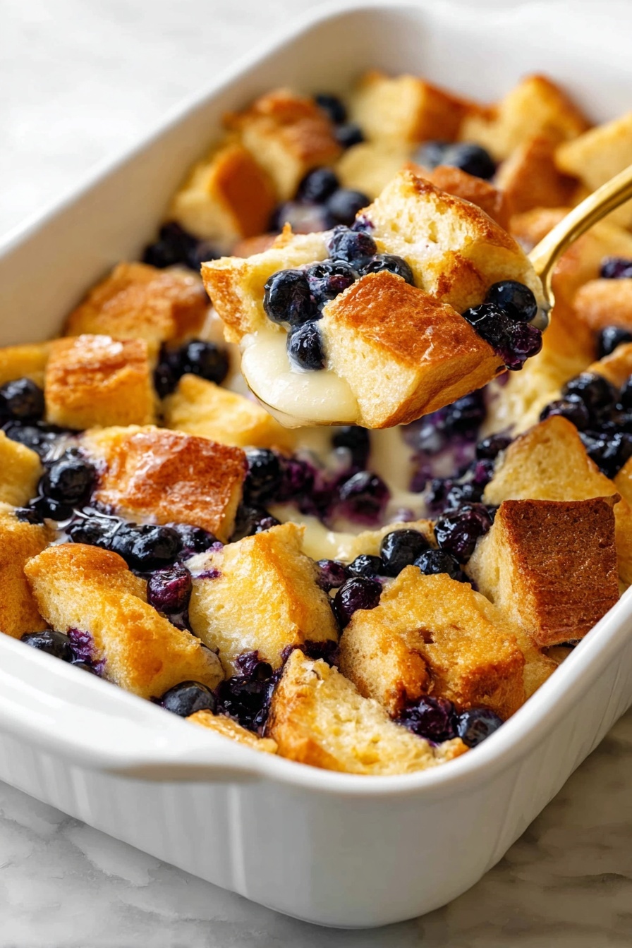 On a white plate with a white marbled background, there is a single square piece of yellow cake with a soft, moist texture. The cake is topped with a thick layer of shiny, dark purple blueberries, some whole and some in a syrupy sauce that drips over the sides. There is also a golden spoon on the right side of the plate holding a portion of the cake and blueberries, adding a touch of brightness to the dish. The contrast between the yellow cake and dark blueberry topping creates a rich and appetizing look photo taken with an iphone --ar 2:3 --v 7