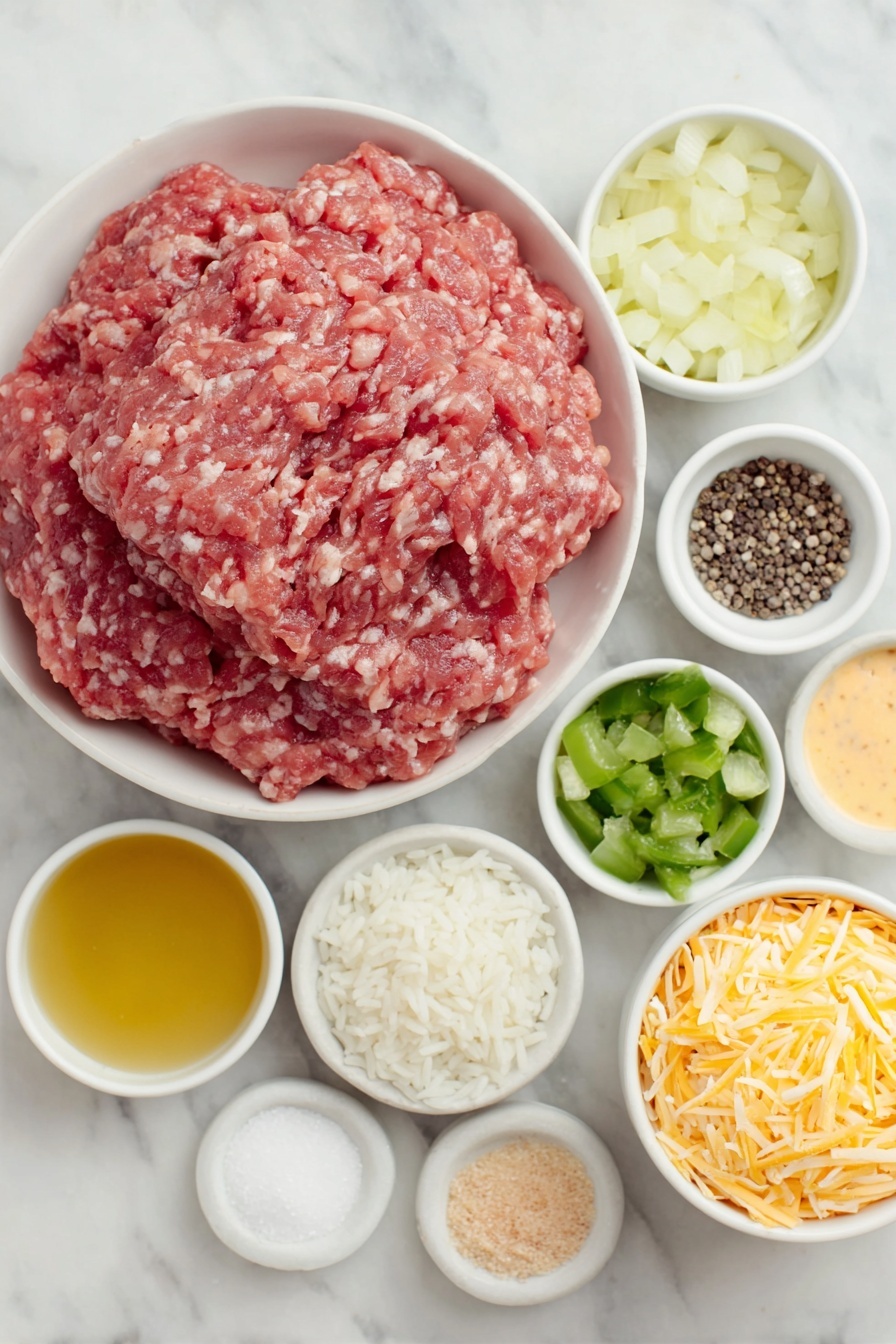 Flat lay of fresh lean ground beef in a simple white ceramic bowl, a small white bowl of diced yellow onions, a small white bowl containing minced garlic, a small white bowl filled with golden chicken broth, a small white bowl of uncooked white minute rice, a small white bowl with bright red diced tomatoes and green chilies, a small white bowl of coarse salt, a small white bowl of cracked black peppercorns, a small white bowl of light brown onion powder, a small white bowl of creamy orange salsa con queso, and a small white ceramic bowl overflowing with shredded nacho cheese, all arranged in perfect symmetry on a clean white marble surface, soft natural light, photo taken with an iPhone, professional food photography style, fresh ingredients, white ceramic bowls, no bottles, no duplicates, no utensils, no packaging --ar 2:3 --v 7 --p m7354615311229779997