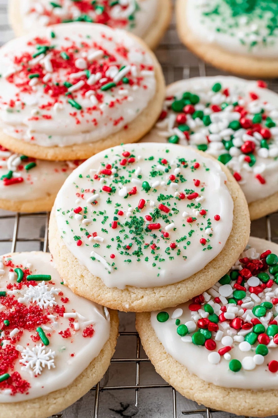 A group of round sugar cookies with two layers shown closely: the base layer is a light tan color with a soft texture, and the top layer is smooth white icing that covers almost the entire cookie surface. Each cookie is decorated with various sprinkles in red, green, and white, scattered randomly or in small clumped patterns. Some cookies have red sugar crystals, others have green sugar crystals, and some have small white snowflake-shaped sprinkles along with red and green jimmies. The cookies are placed on a wire cooling rack, sitting on a white marbled surface. photo taken with an iphone --ar 2:3 --v 7